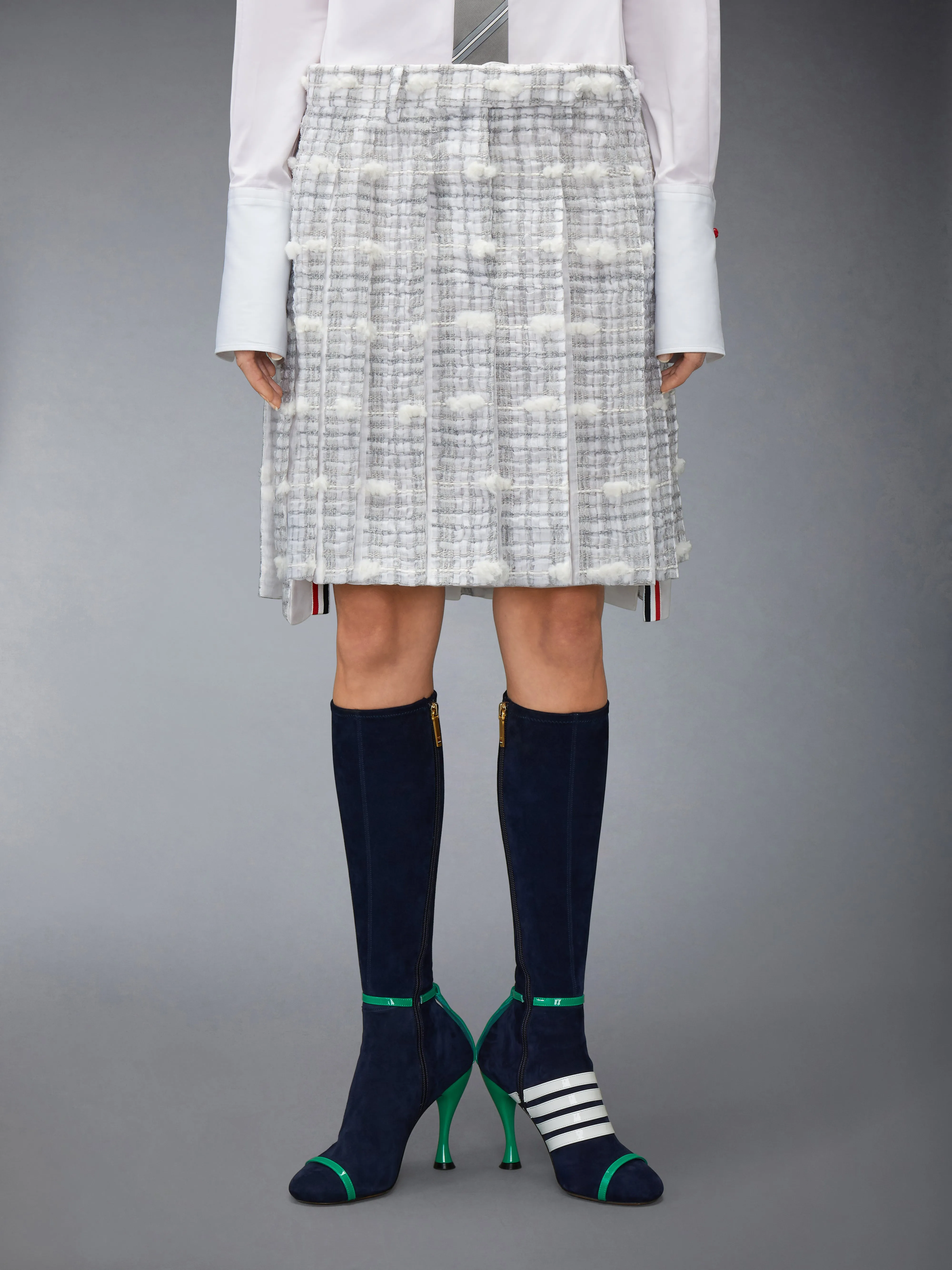 REPP STRIPE POUF TWEED LOW RISE PLEATED SKIRT sold by Thom Browne