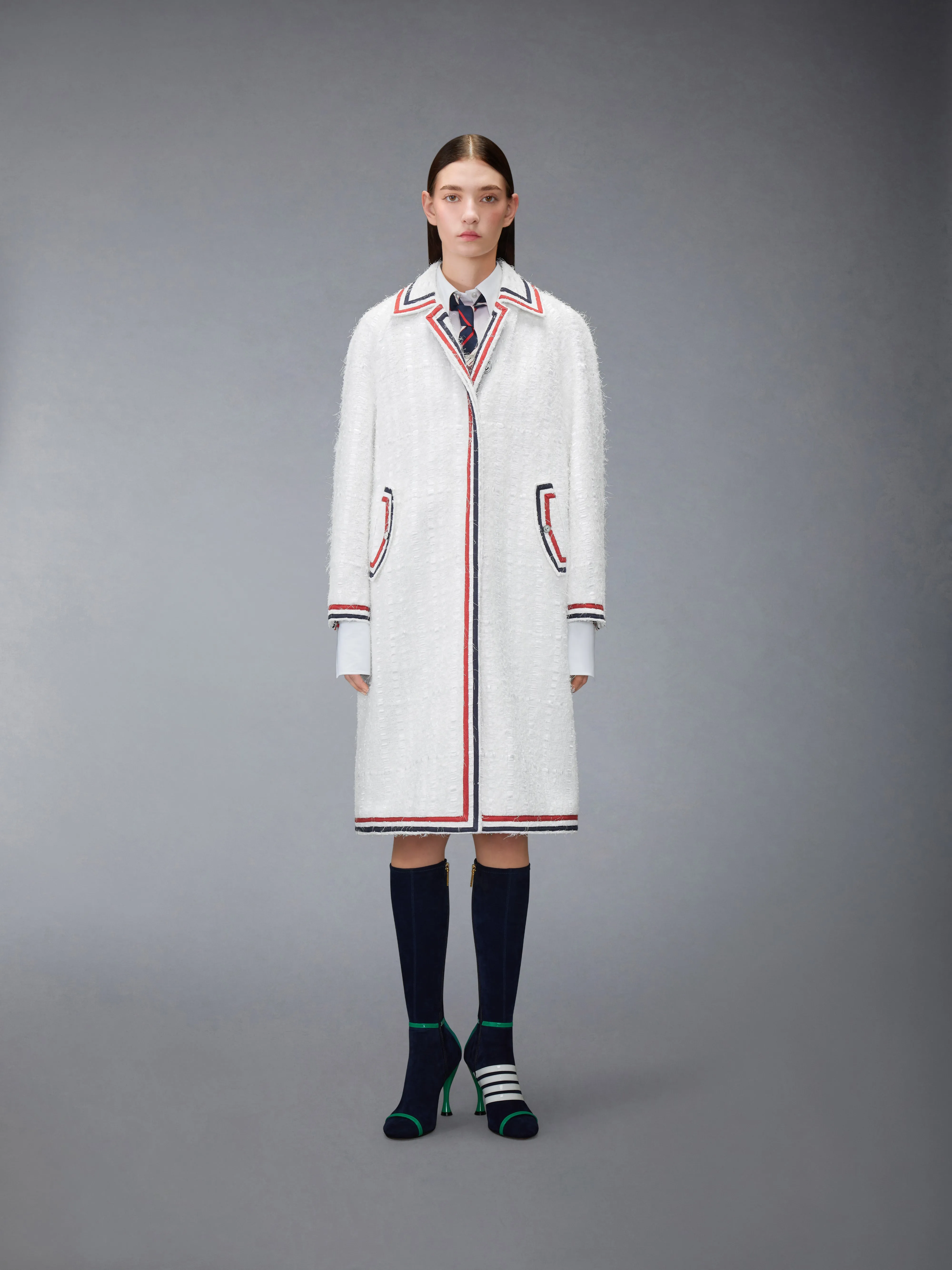 SATIN RIBBON TWEED RAGLAN COAT sold by Thom Browne