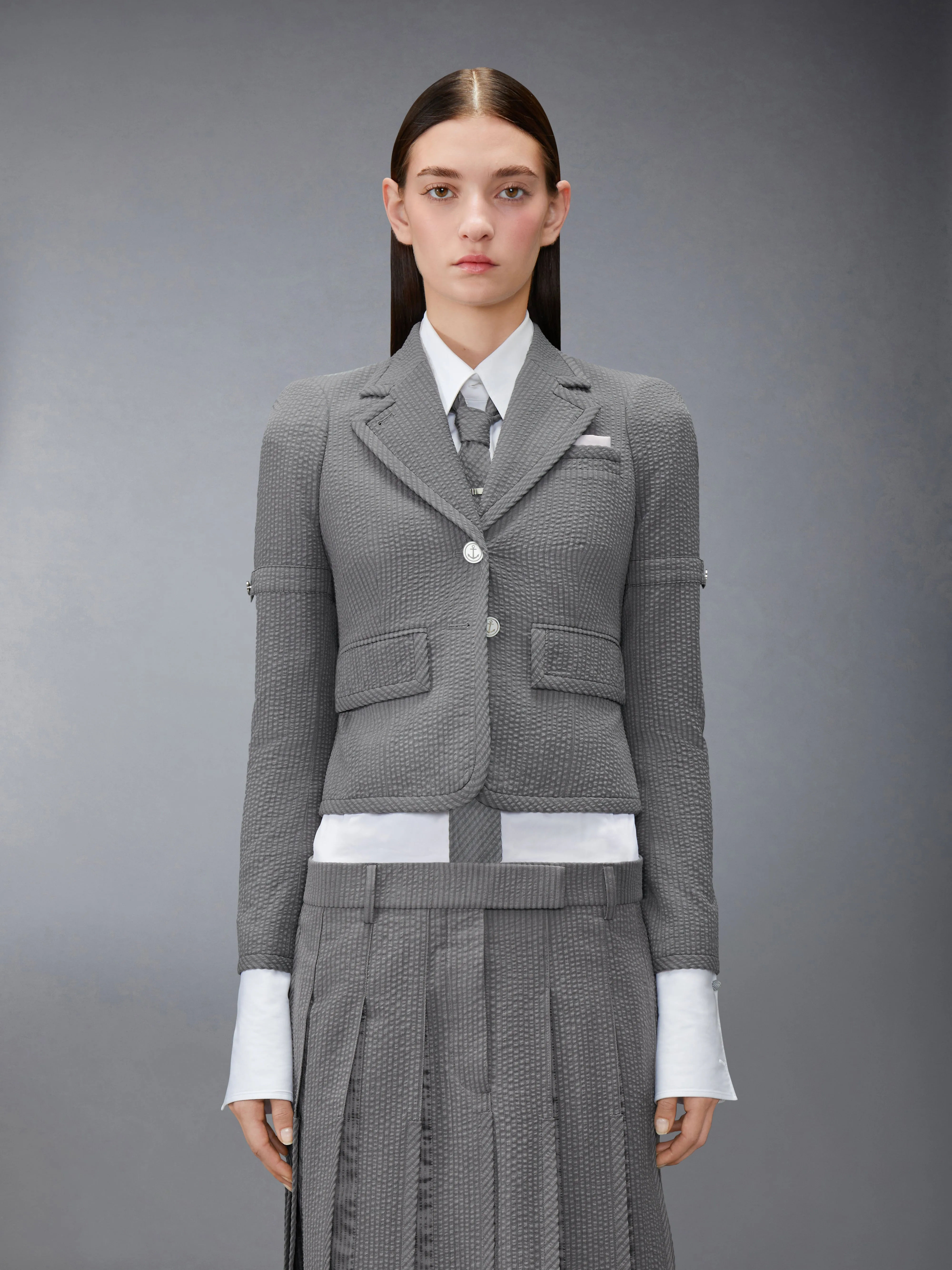 WOOL SEERSUCKER CROPPED JACKET sold by Thom Browne