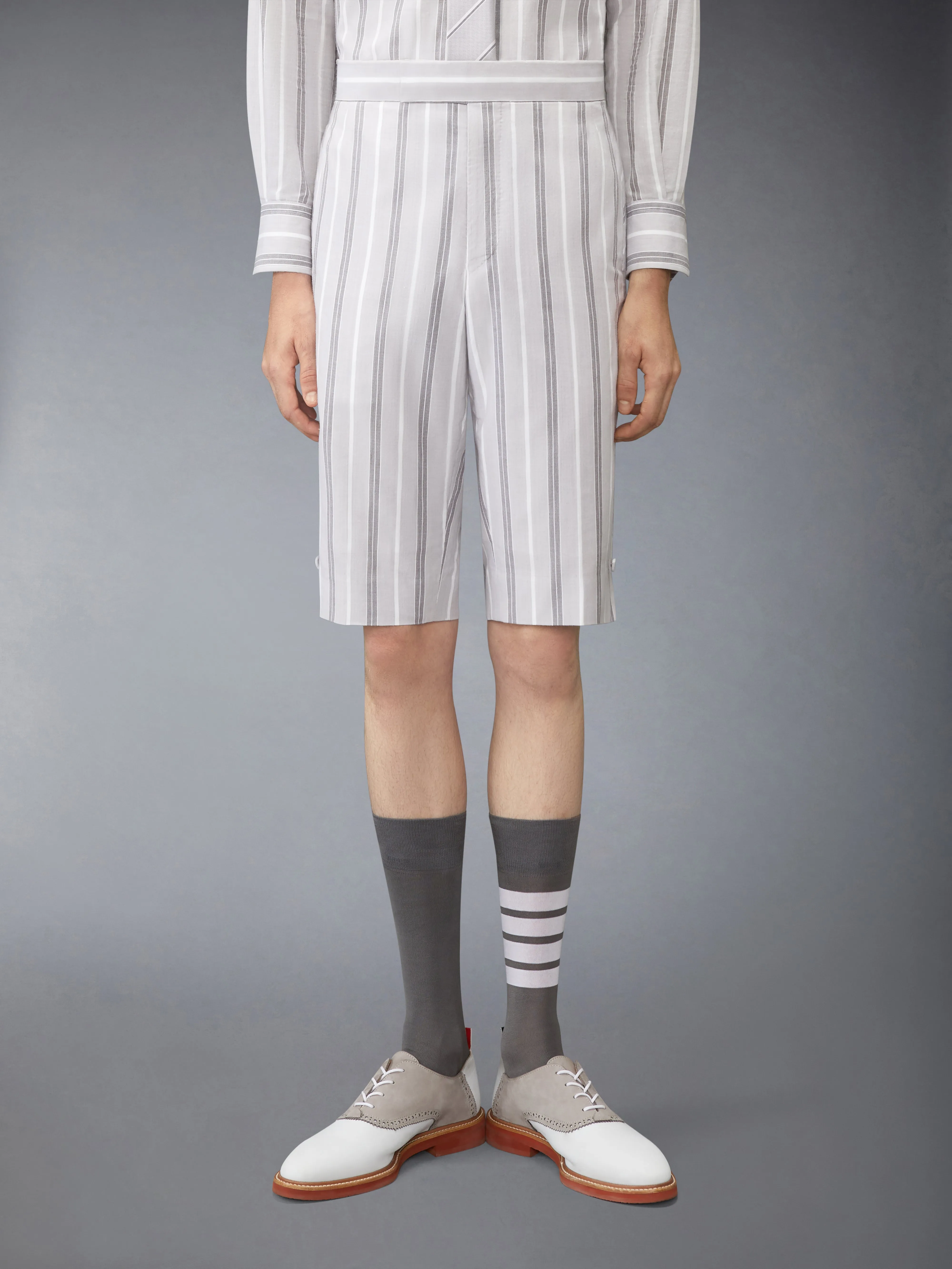 MADRAS COTTON REPP STRIPE BACKSTRAP SHORTS sold by Thom Browne
