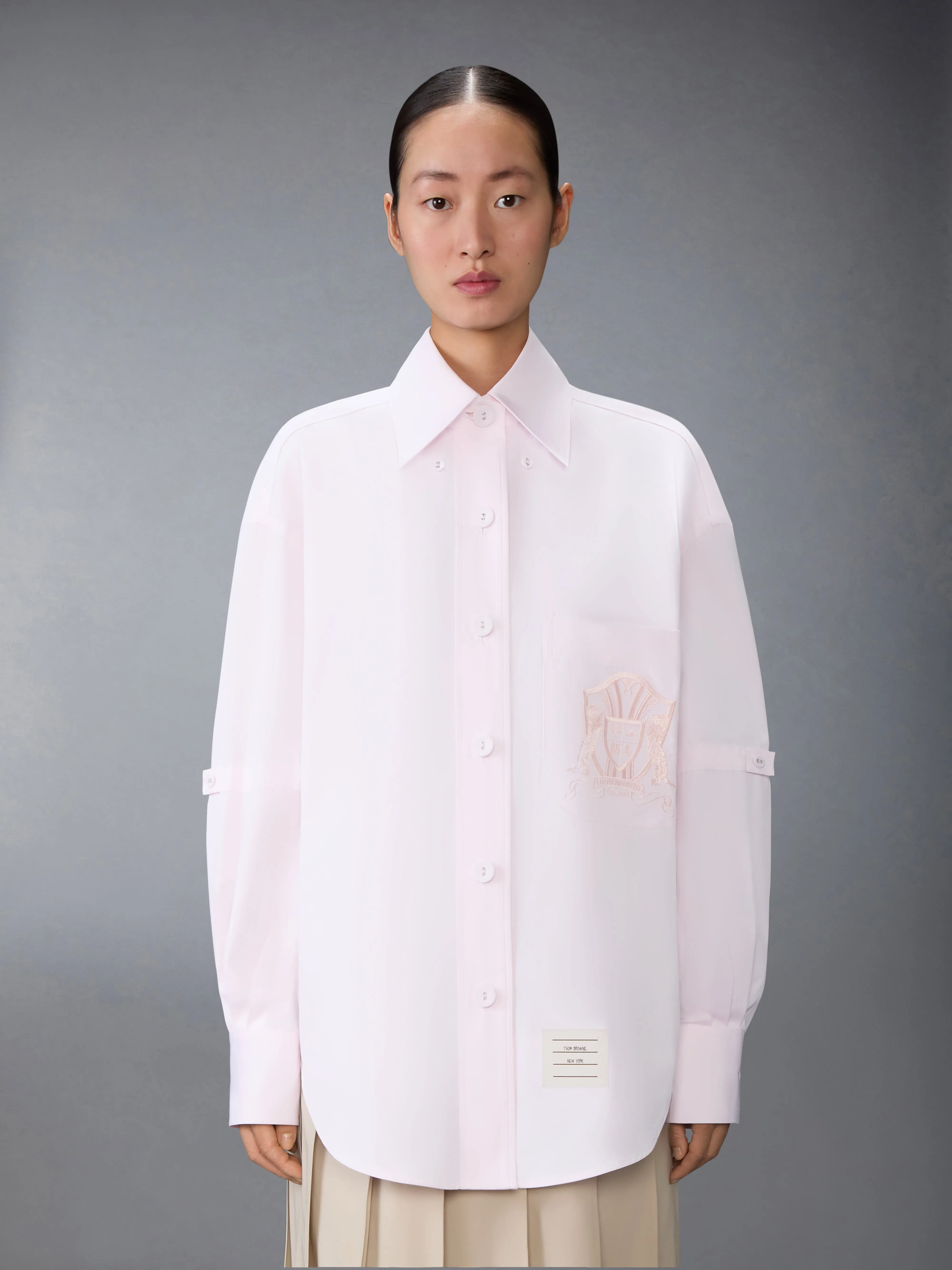 SOLID POPLIN CREST EMBROIDERY ARMBAND SUPERSIZED SHIRT sold by Thom Browne