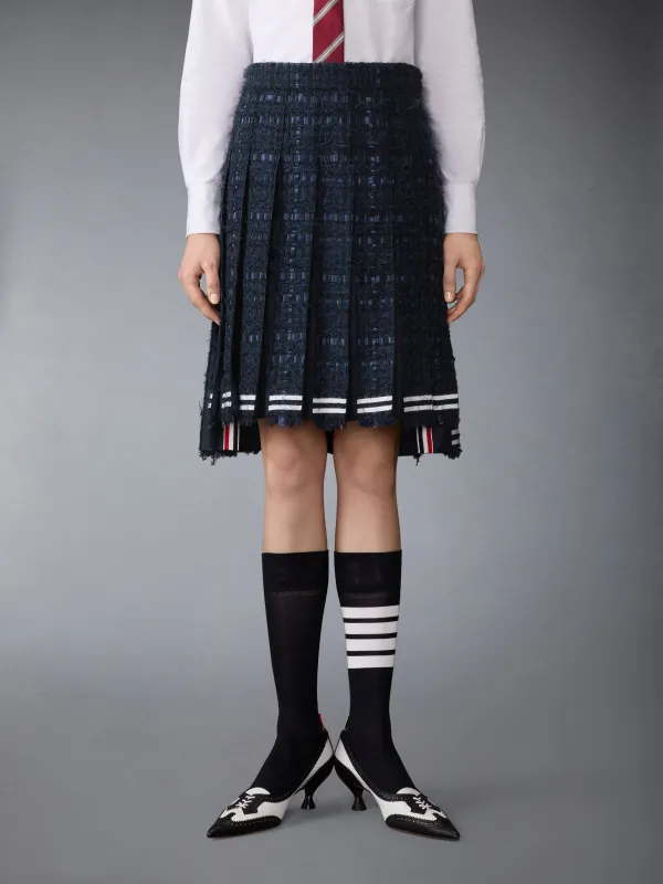 SATIN RIBBON TWEED FRAYED PLEATED SKIRT sold by Thom Browne