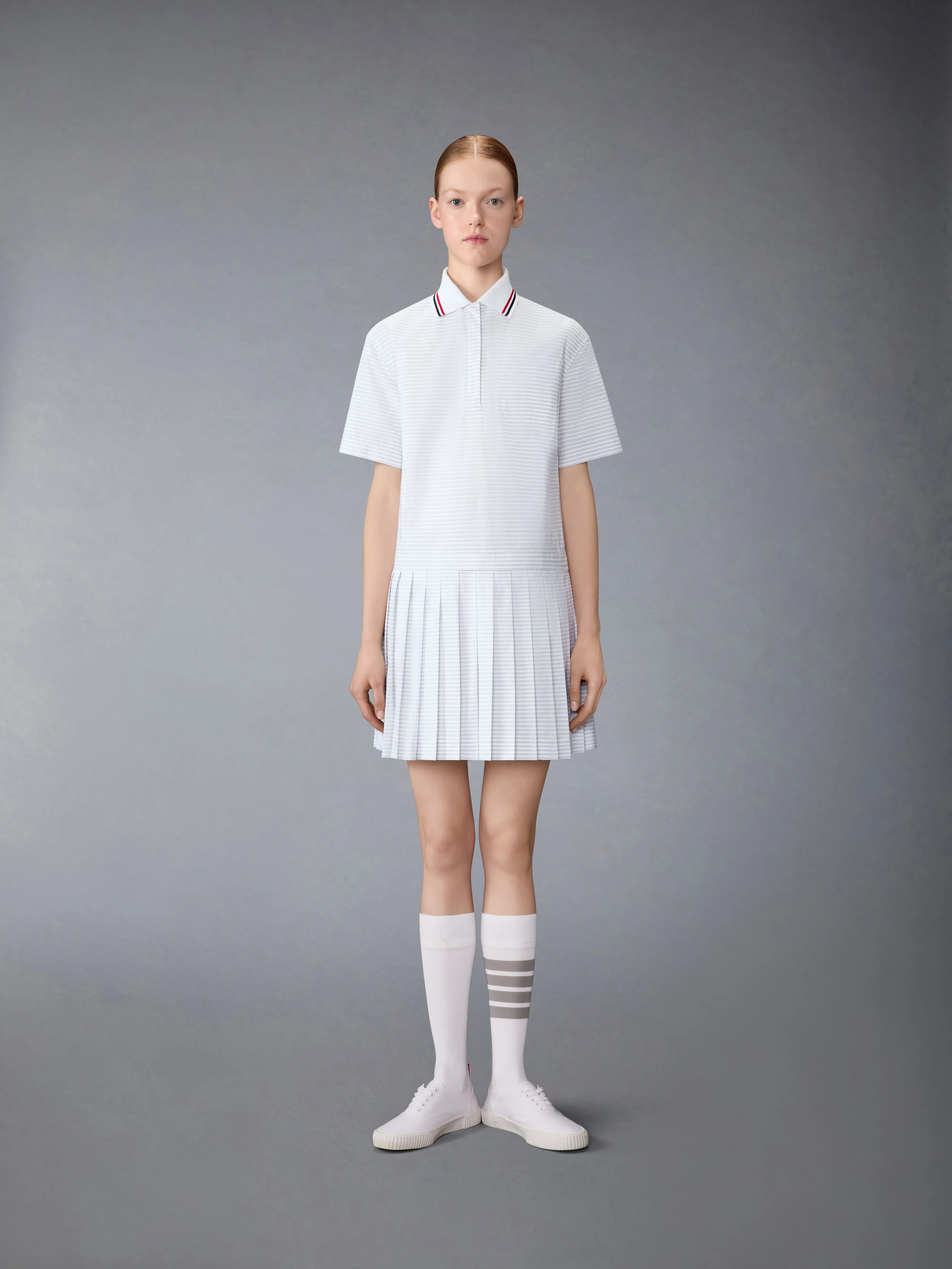 HAIRLINE 4-BAR PLEATED POLO MINI DRESS sold by Thom Browne