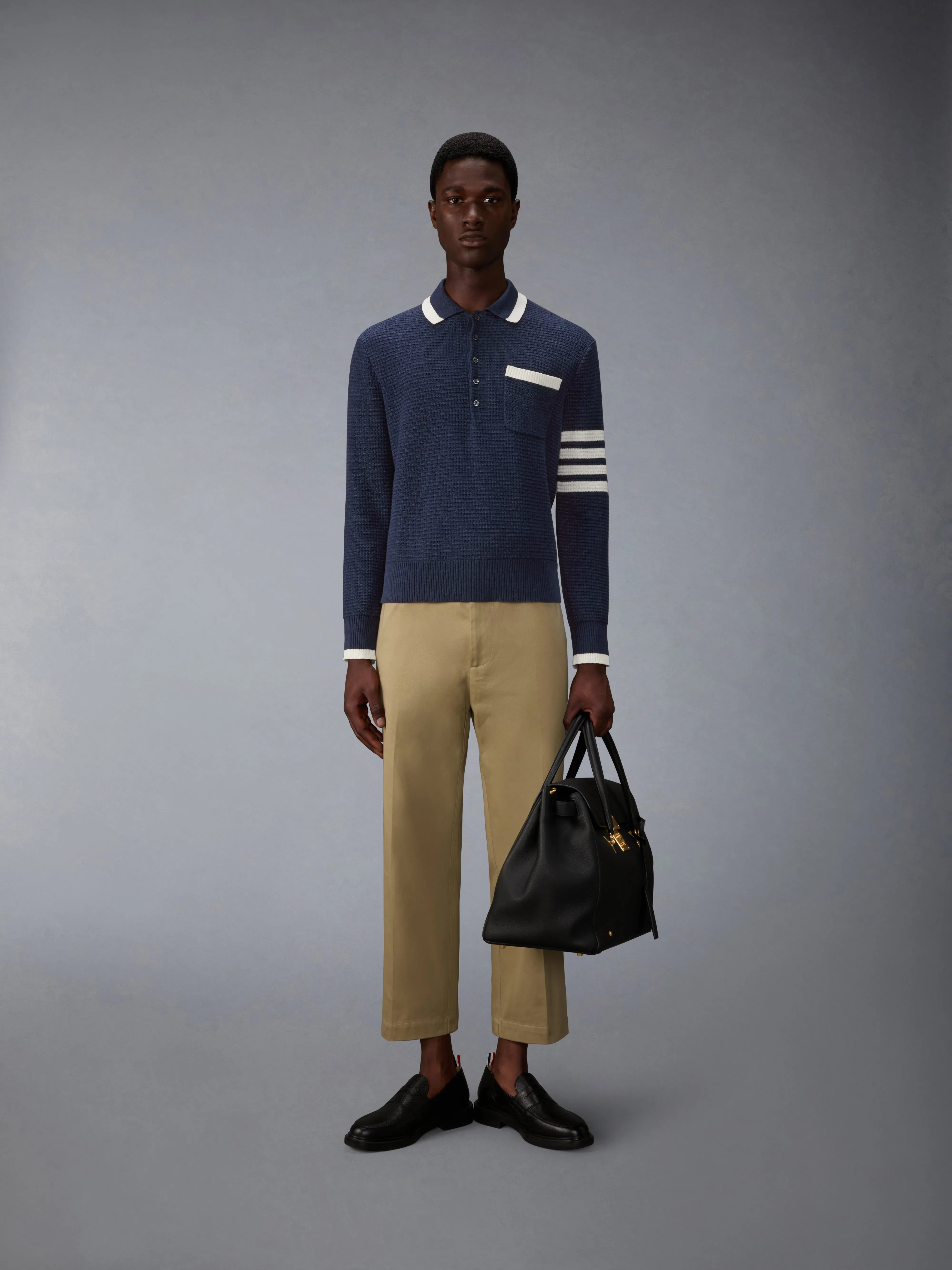 TEXTURED STITCH 4-BAR RELAXED LONG SLEEVE POLO sold by Thom Browne product image thumbnail 3