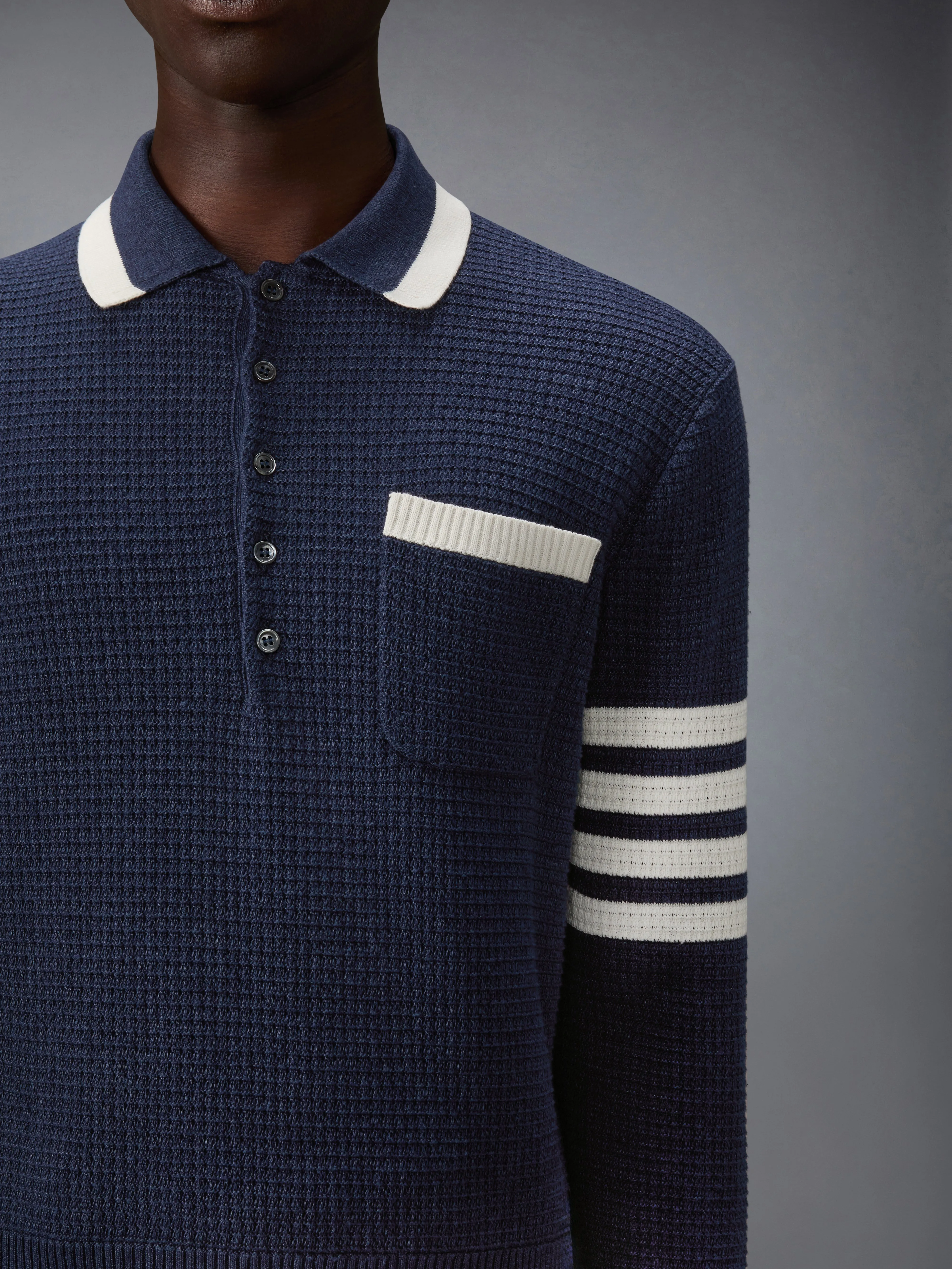 TEXTURED STITCH 4-BAR RELAXED LONG SLEEVE POLO sold by Thom Browne product image thumbnail 5