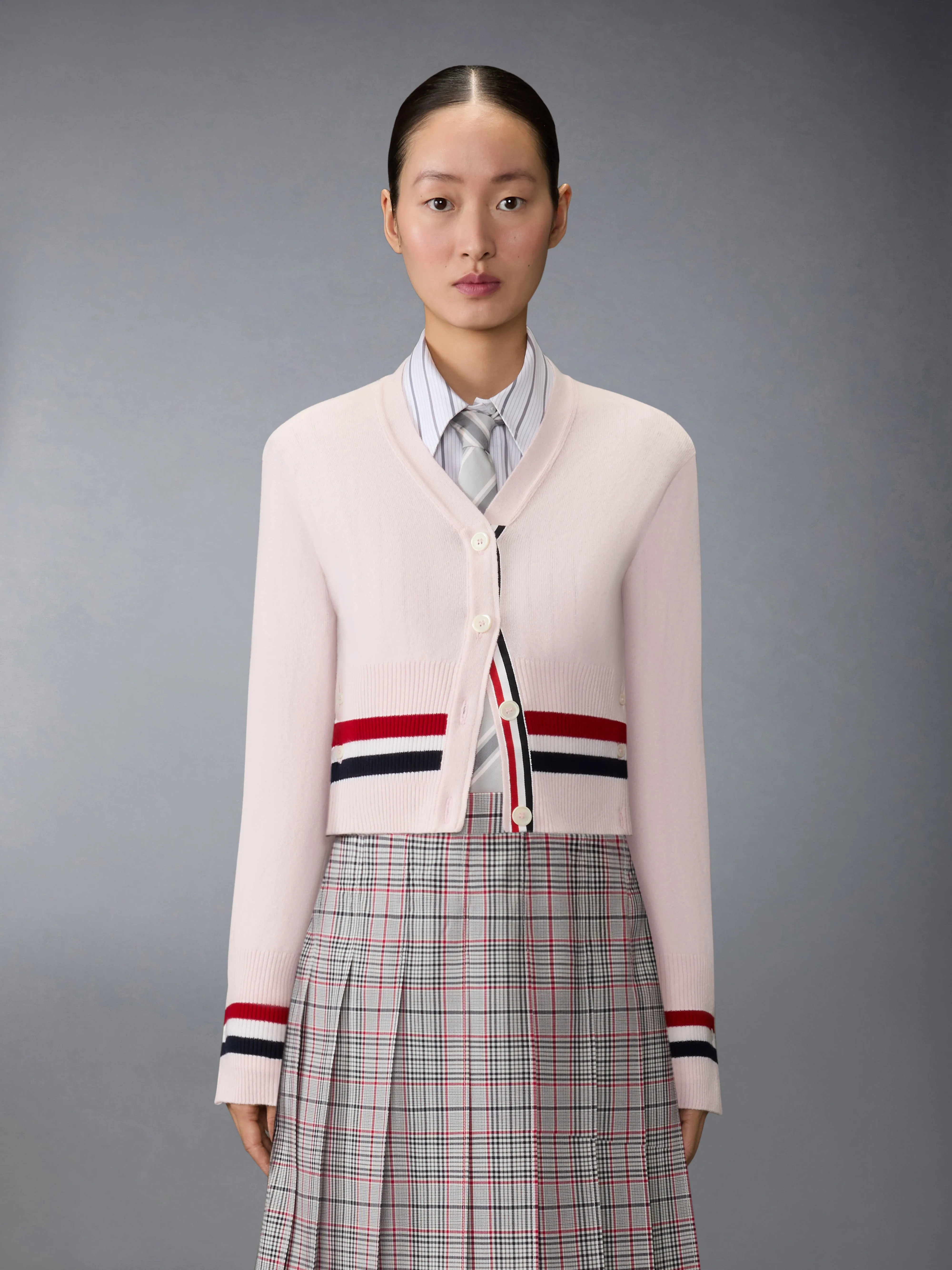 CASHMERE RWB STRIPE SHRUNKEN CARDIGAN sold by Thom Browne