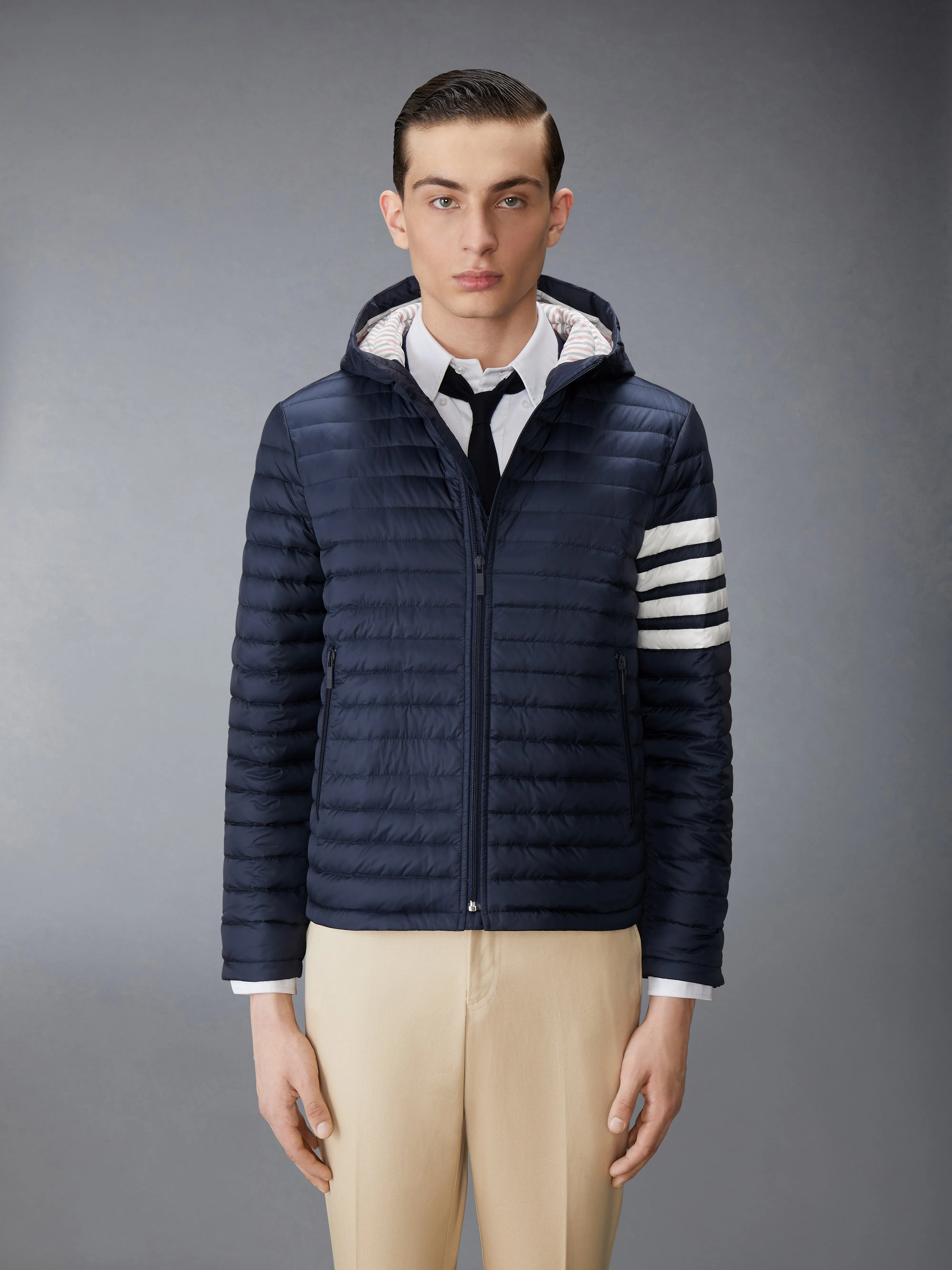 MATTE NYLON 4-BAR DOWN FILLED QUILTED JACKET sold by Thom Browne