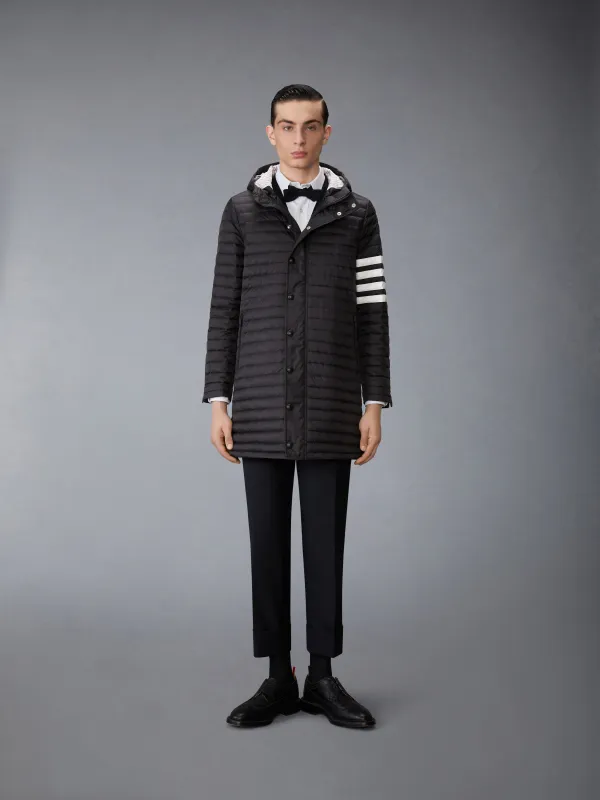 MATTE NYLON 4-BAR QUILTED DOWN FILLED HOODED COAT sold by Thom Browne