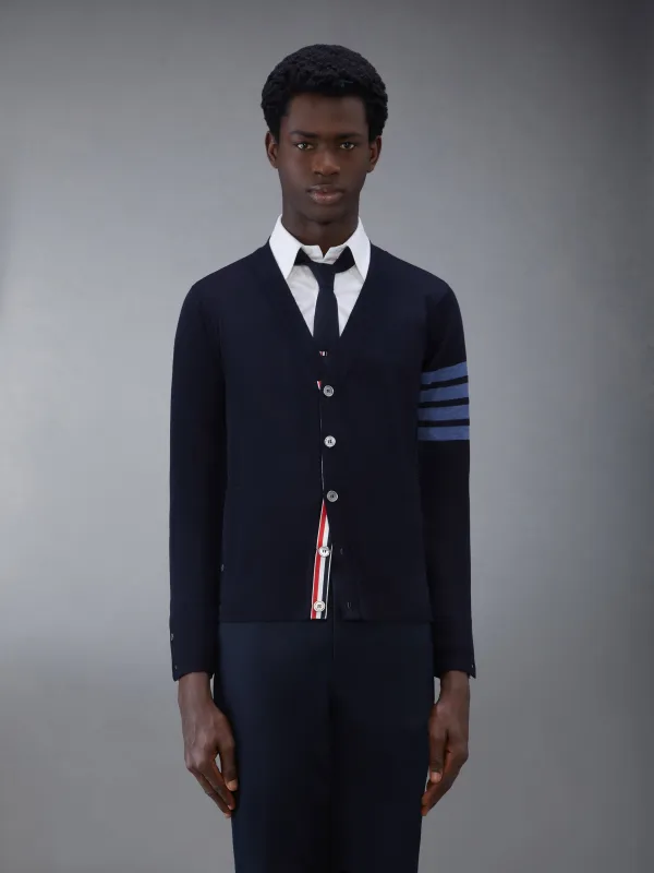 MERINO WOOL 4-BAR V-NECK CARDIGAN sold by Thom Browne