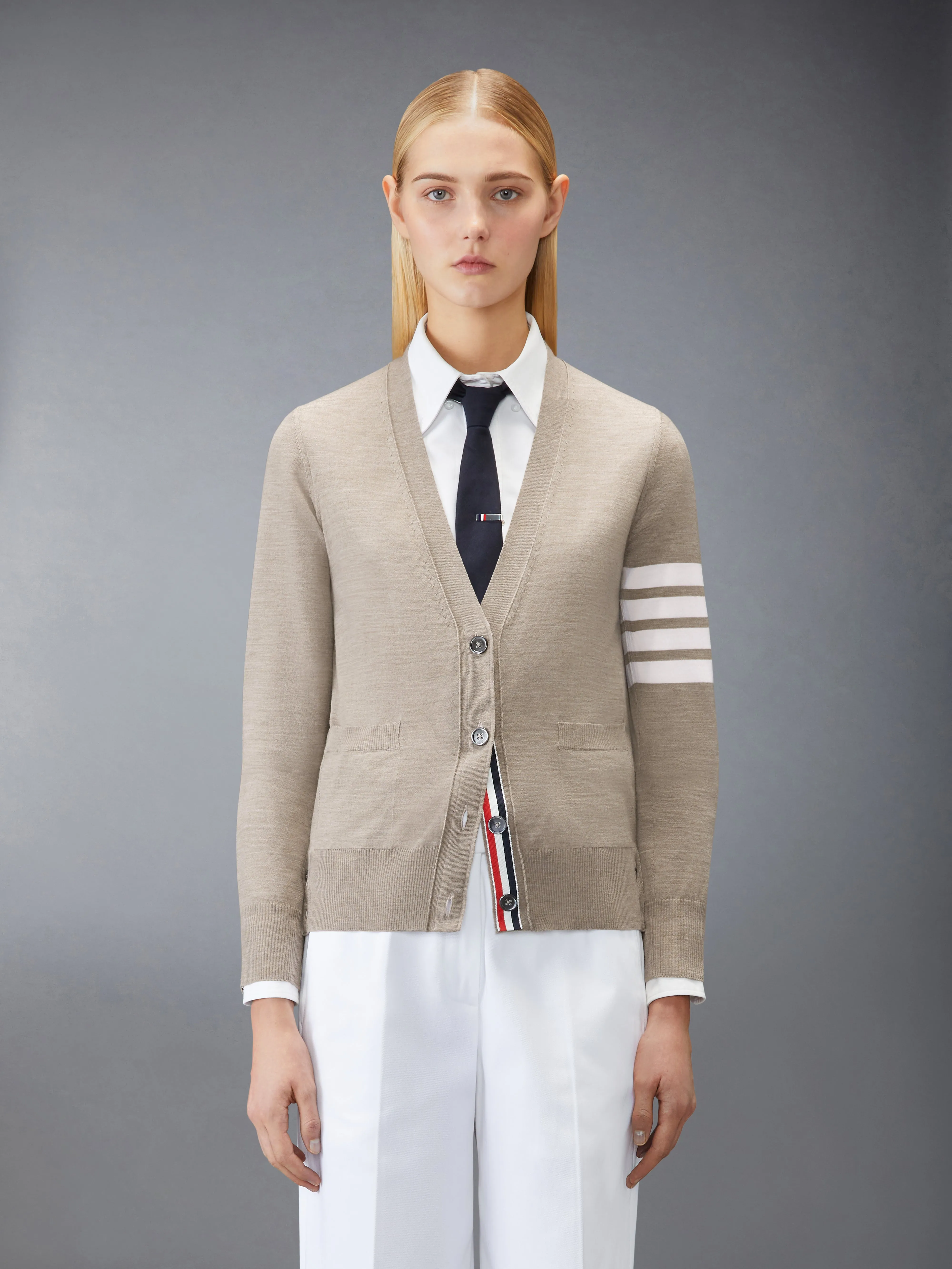 MERINO WOOL 4-BAR RELAXED FIT V-NECK CARDIGAN sold by Thom Browne