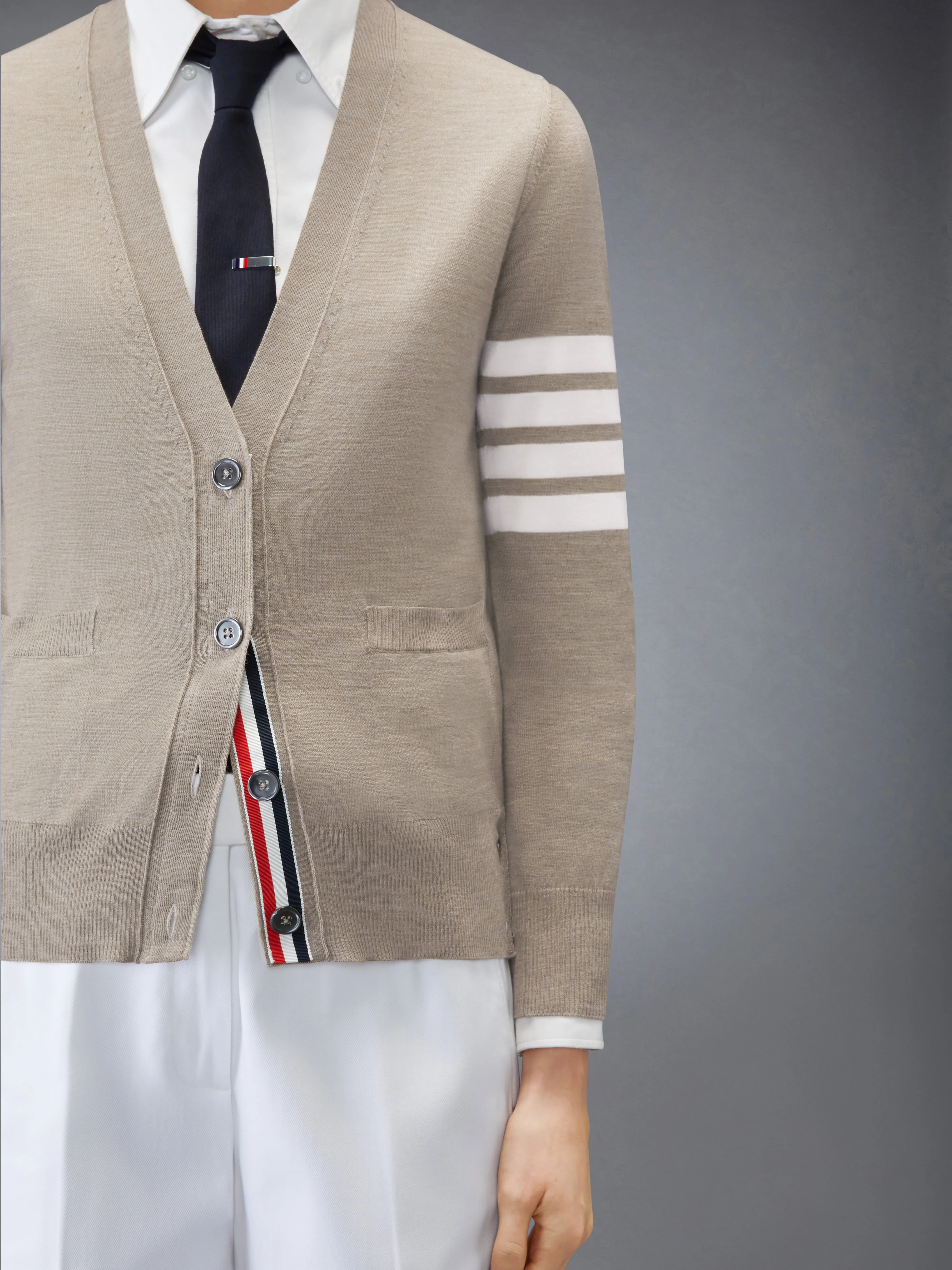 MERINO WOOL 4-BAR RELAXED FIT V-NECK CARDIGAN sold by Thom Browne product image thumbnail 5