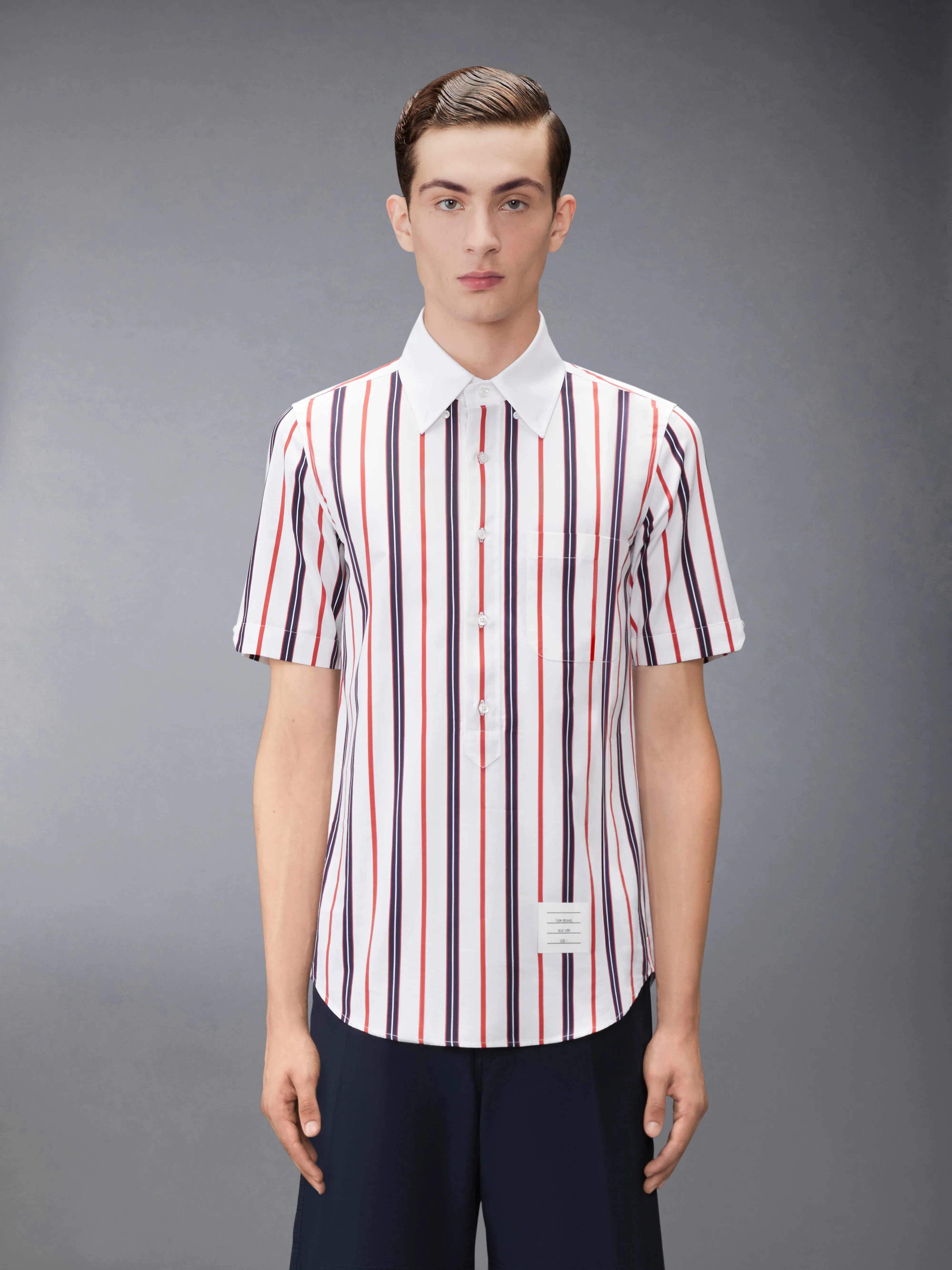 REPP STRIPE POPLIN SHORT SLEEVE SHIRT sold by Thom Browne