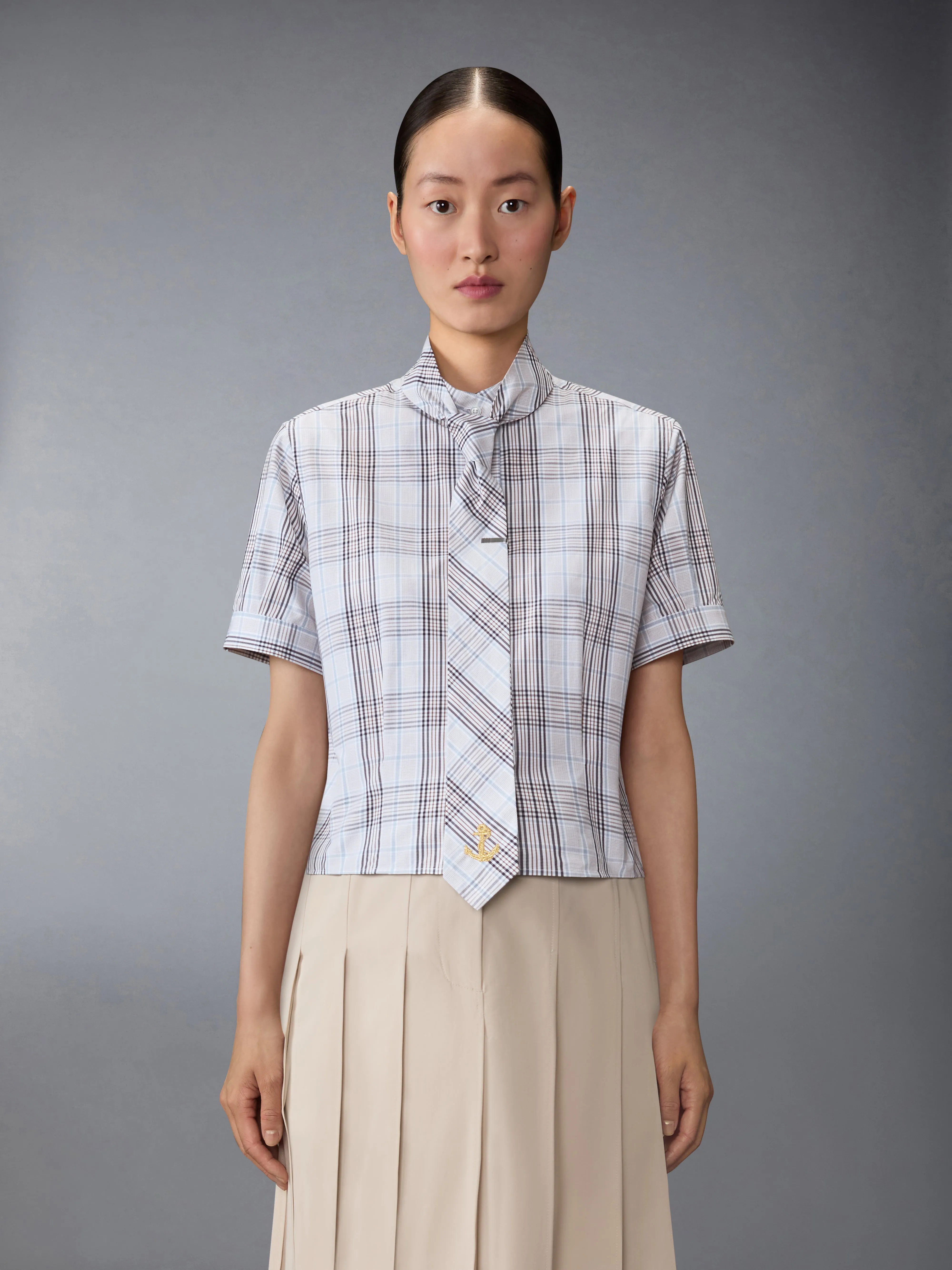 PLAID CHECK POPLIN TIE COLLAR BLOUSE sold by Thom Browne