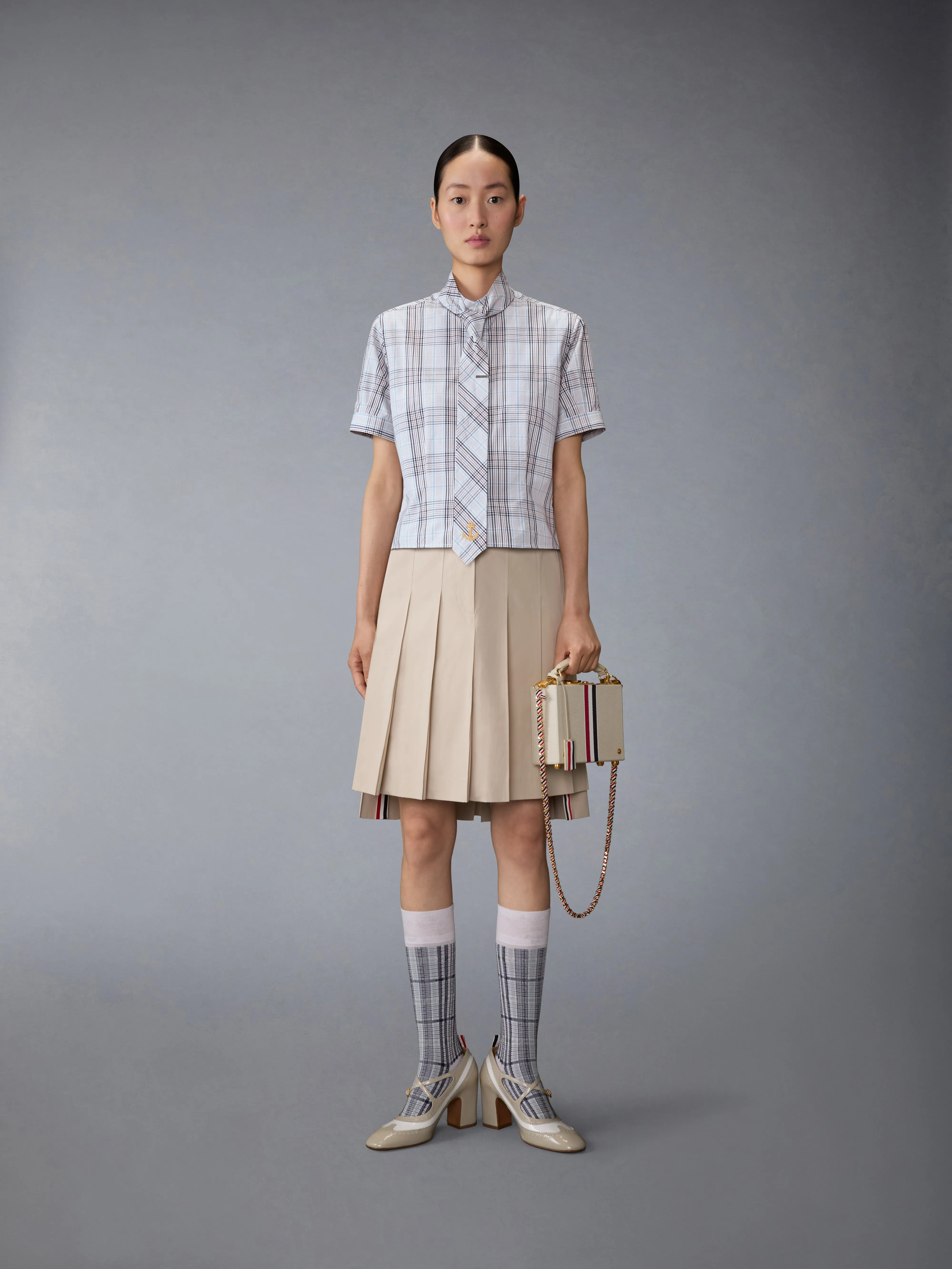 PLAID CHECK POPLIN TIE COLLAR BLOUSE sold by Thom Browne product image thumbnail 3