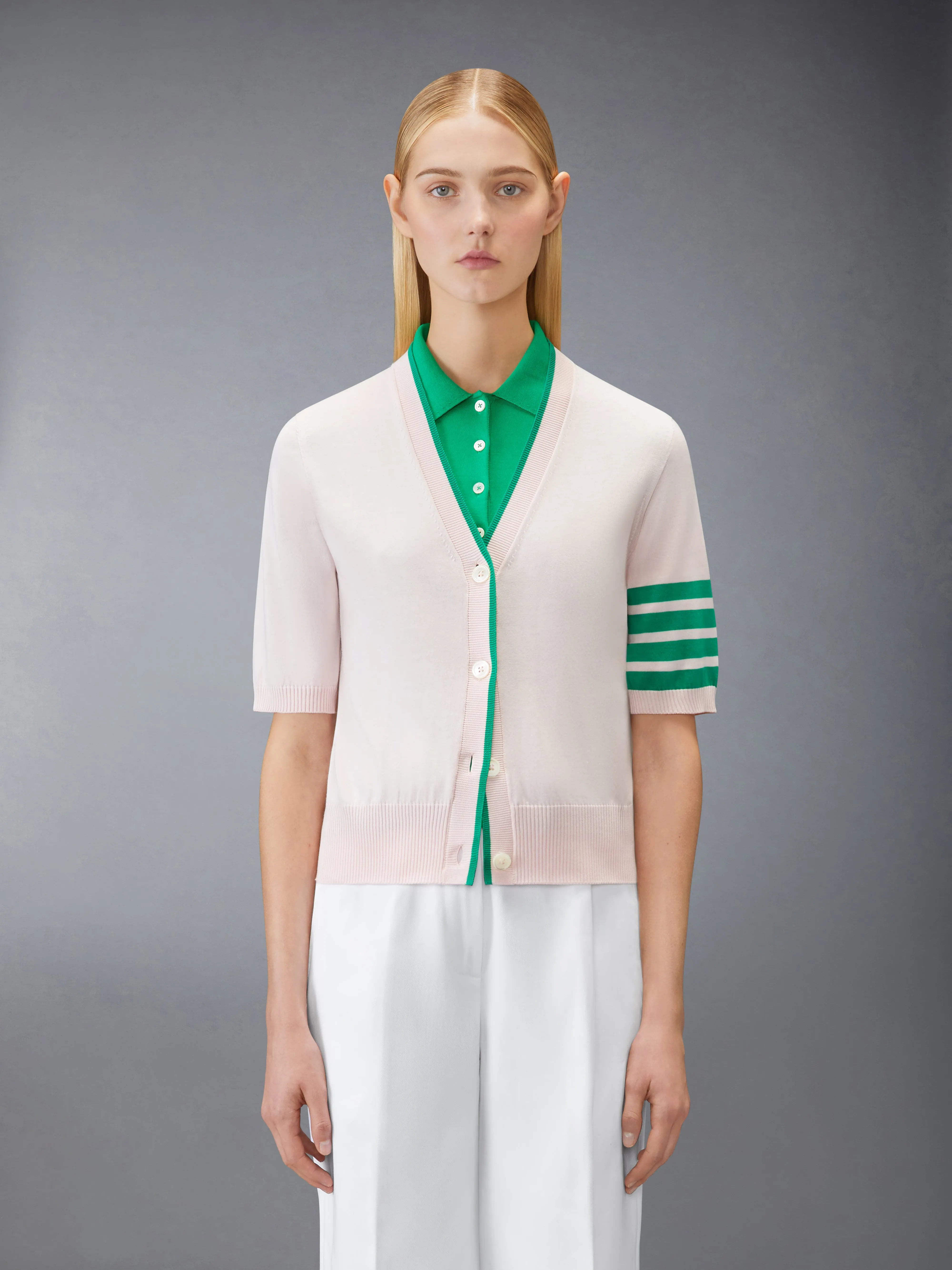 JERSEY STITCH 4-BAR SHORT SLEEVE CARDIGAN sold by Thom Browne