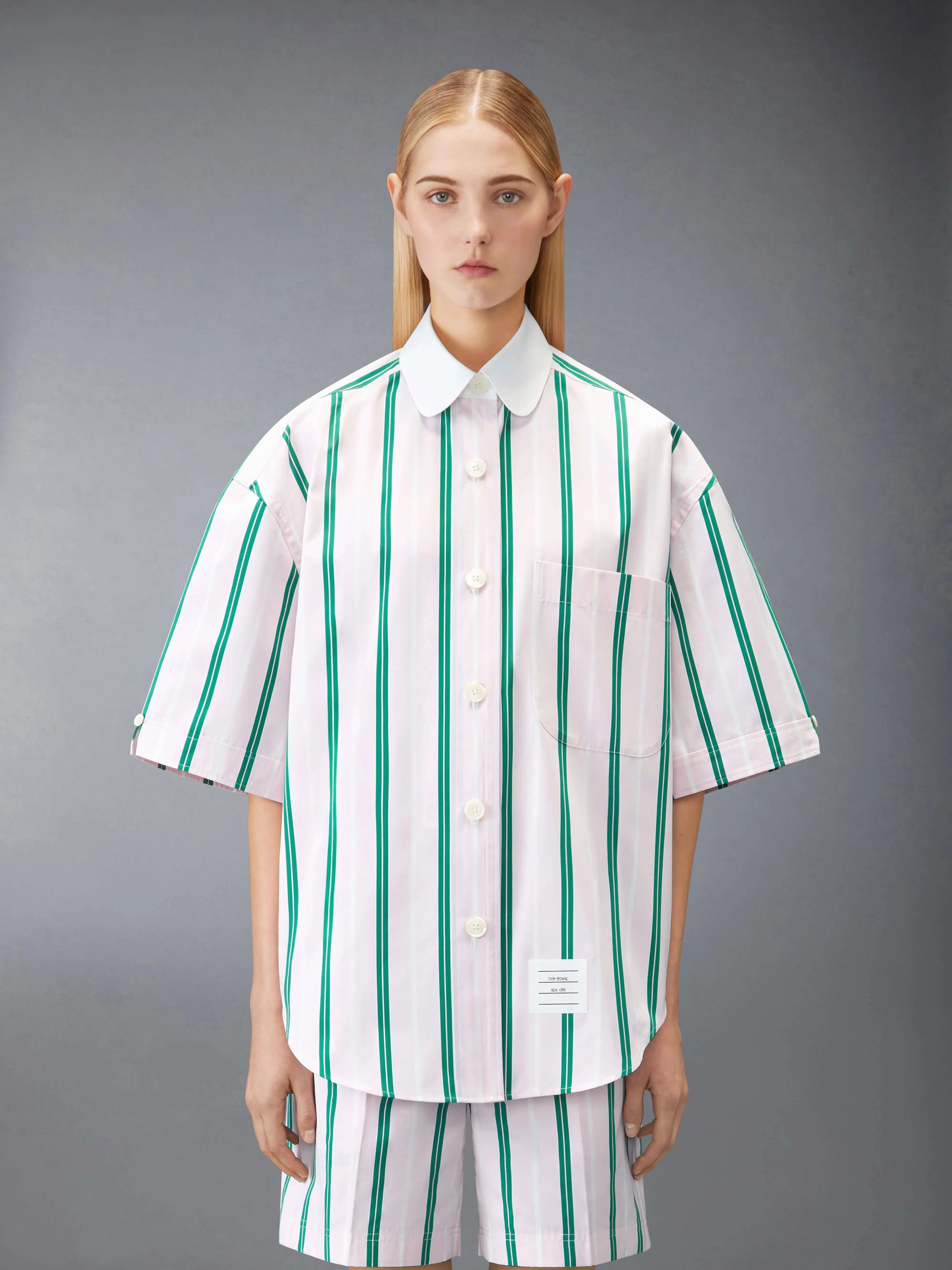 POPLIN REPP STRIPE SUPERSIZED SHORT SLEEVE SHIRT sold by Thom Browne