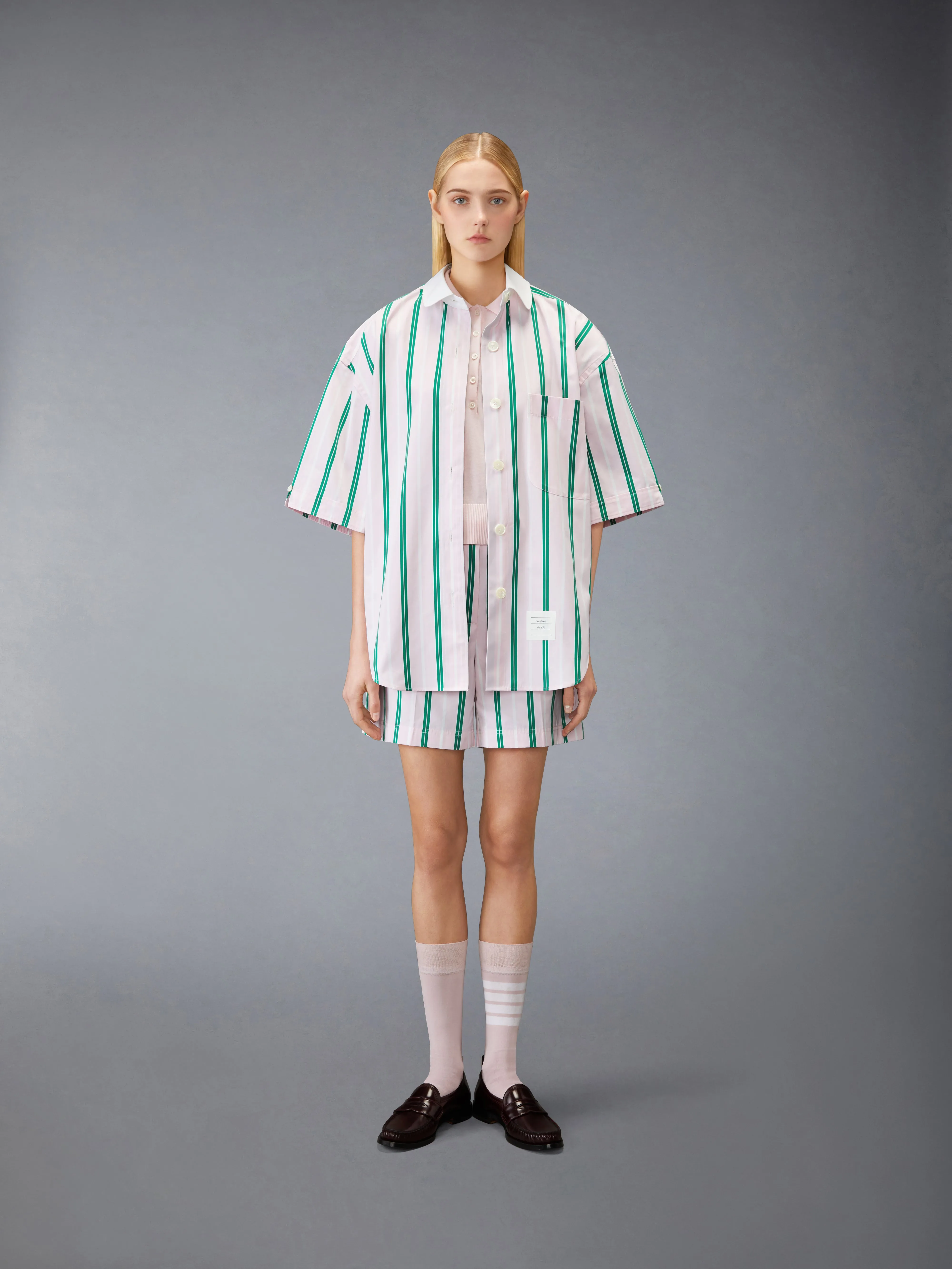 POPLIN REPP STRIPE SUPERSIZED SHORT SLEEVE SHIRT sold by Thom Browne product image thumbnail 3