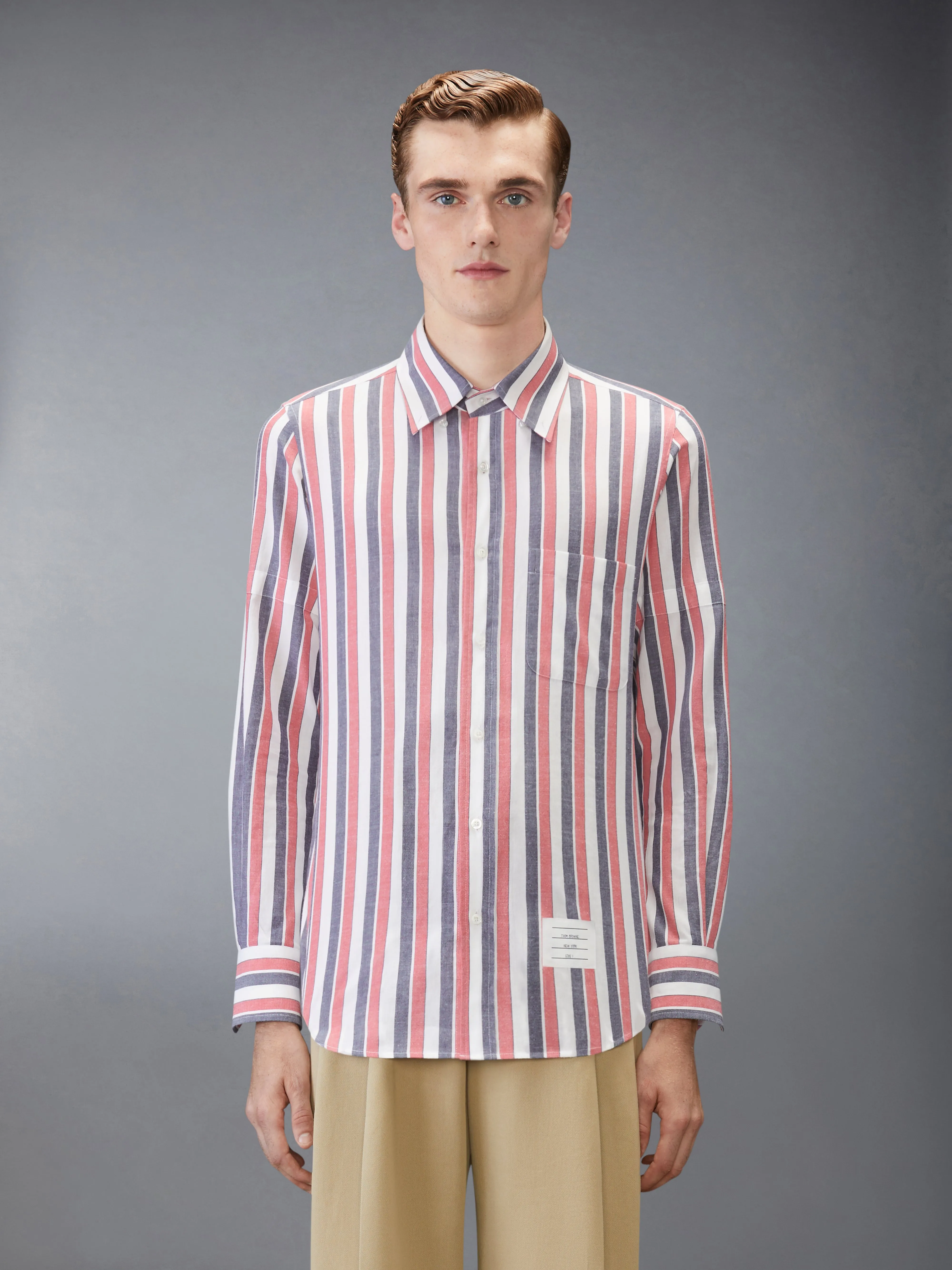 MADRAS COTTON REPP STRIPE SHIRT WITH ARMBANDS sold by Thom Browne