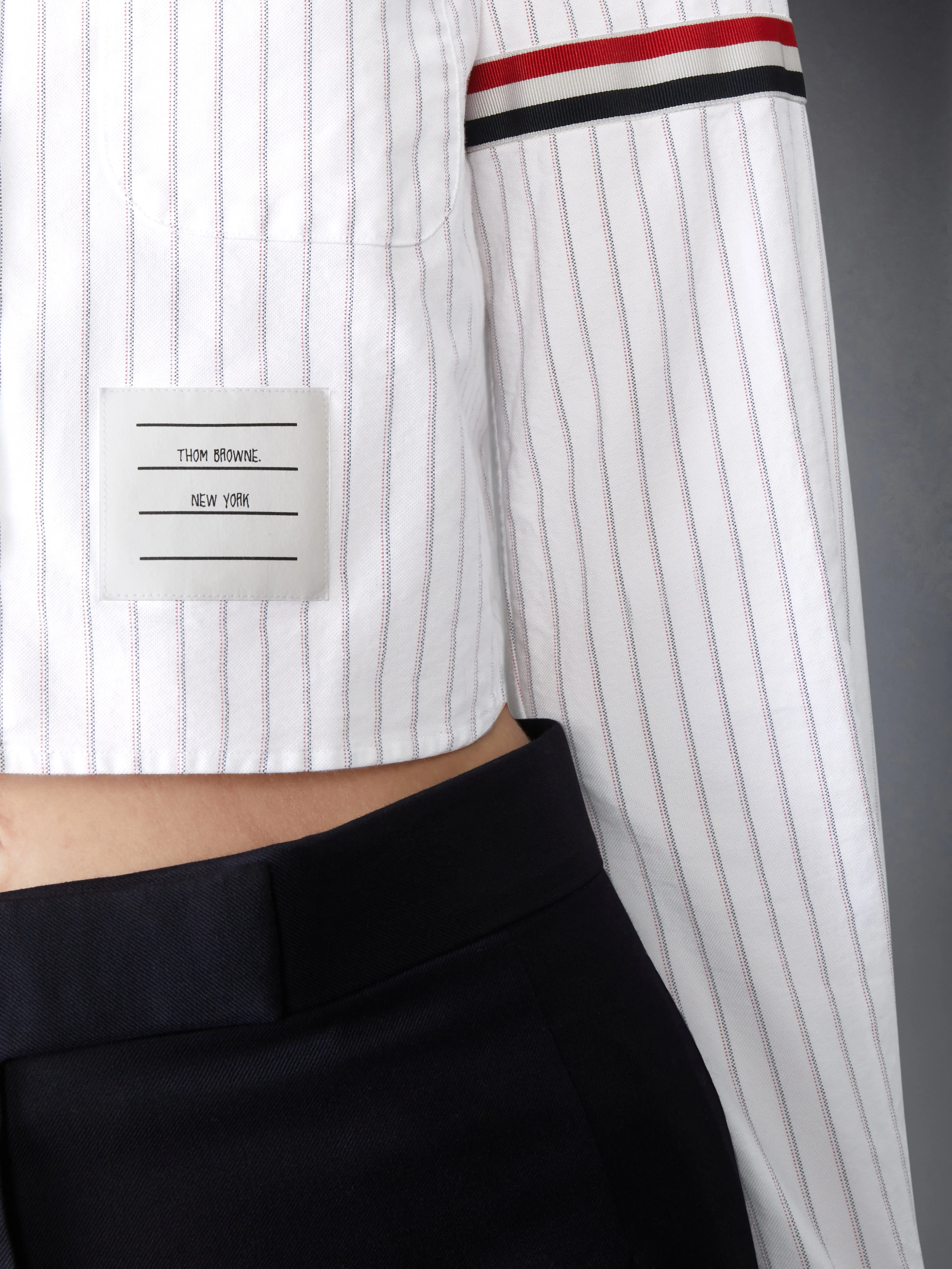 OXFORD PINSTRIPE CROPPED SHIRT WITH ARMBANDS sold by Thom Browne product image thumbnail 4