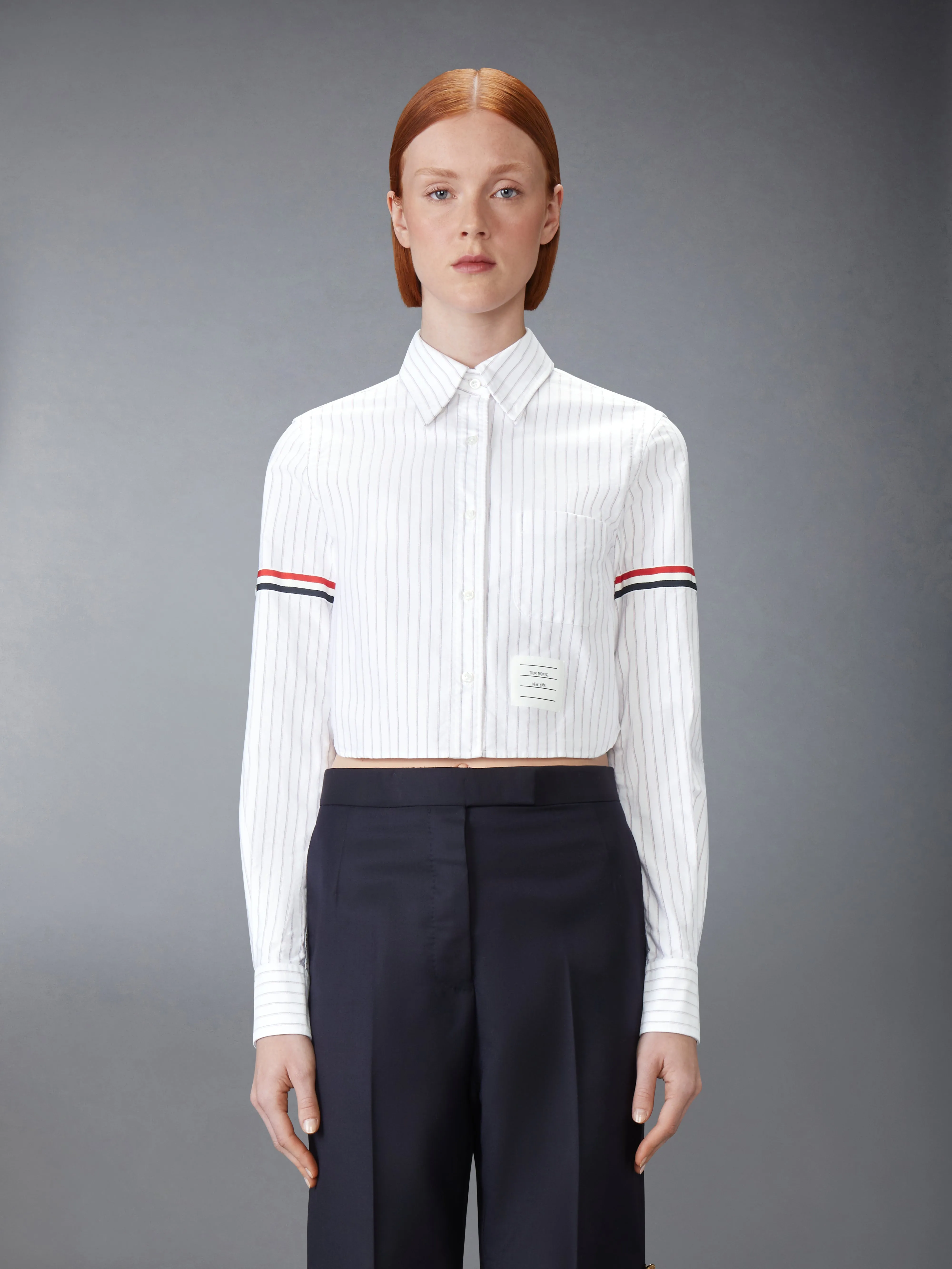 OXFORD PINSTRIPE CROPPED SHIRT WITH ARMBANDS sold by Thom Browne