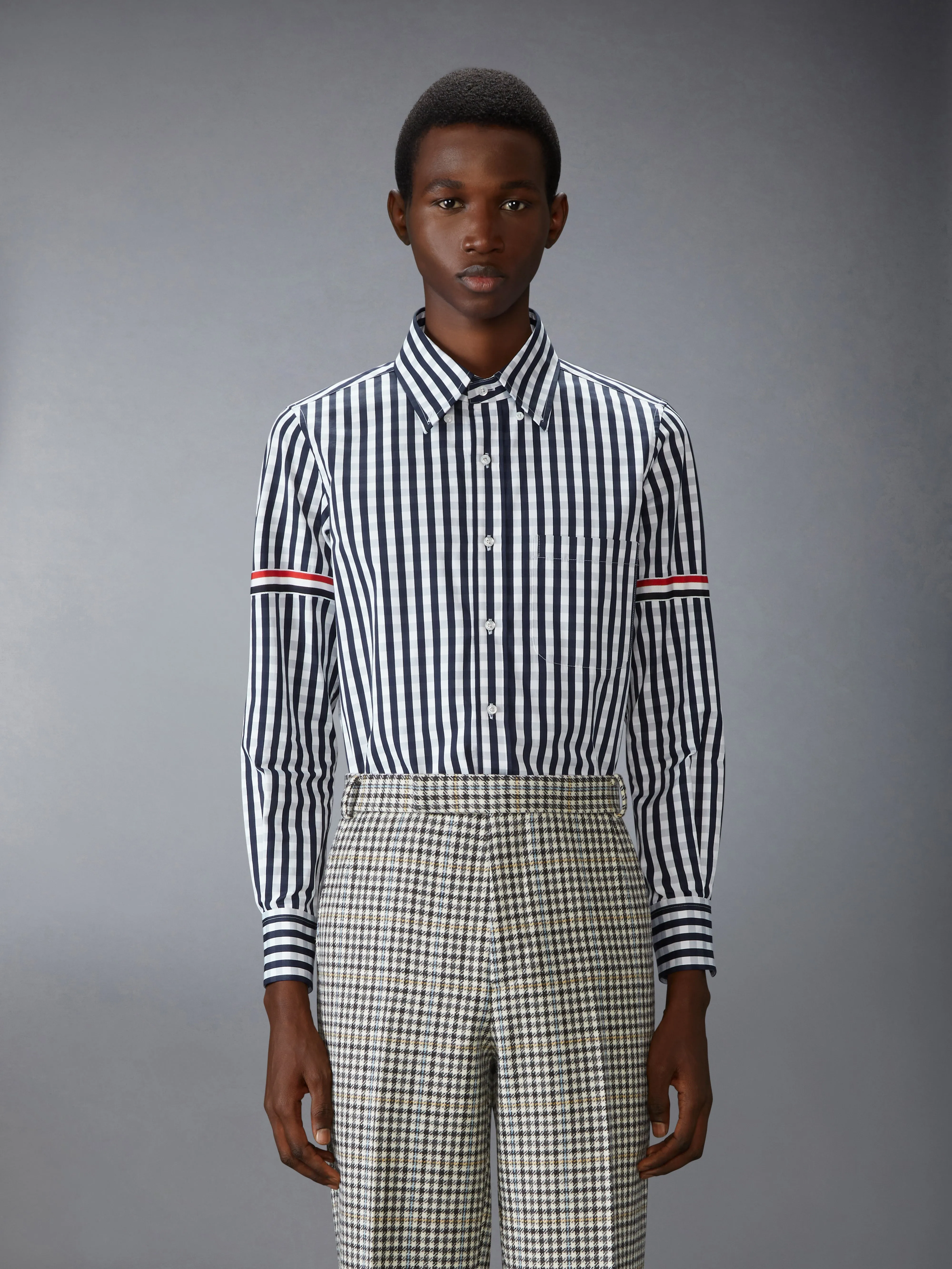 POPLIN GINGHAM CHECK SHIRT WITH ARMBANDS sold by Thom Browne