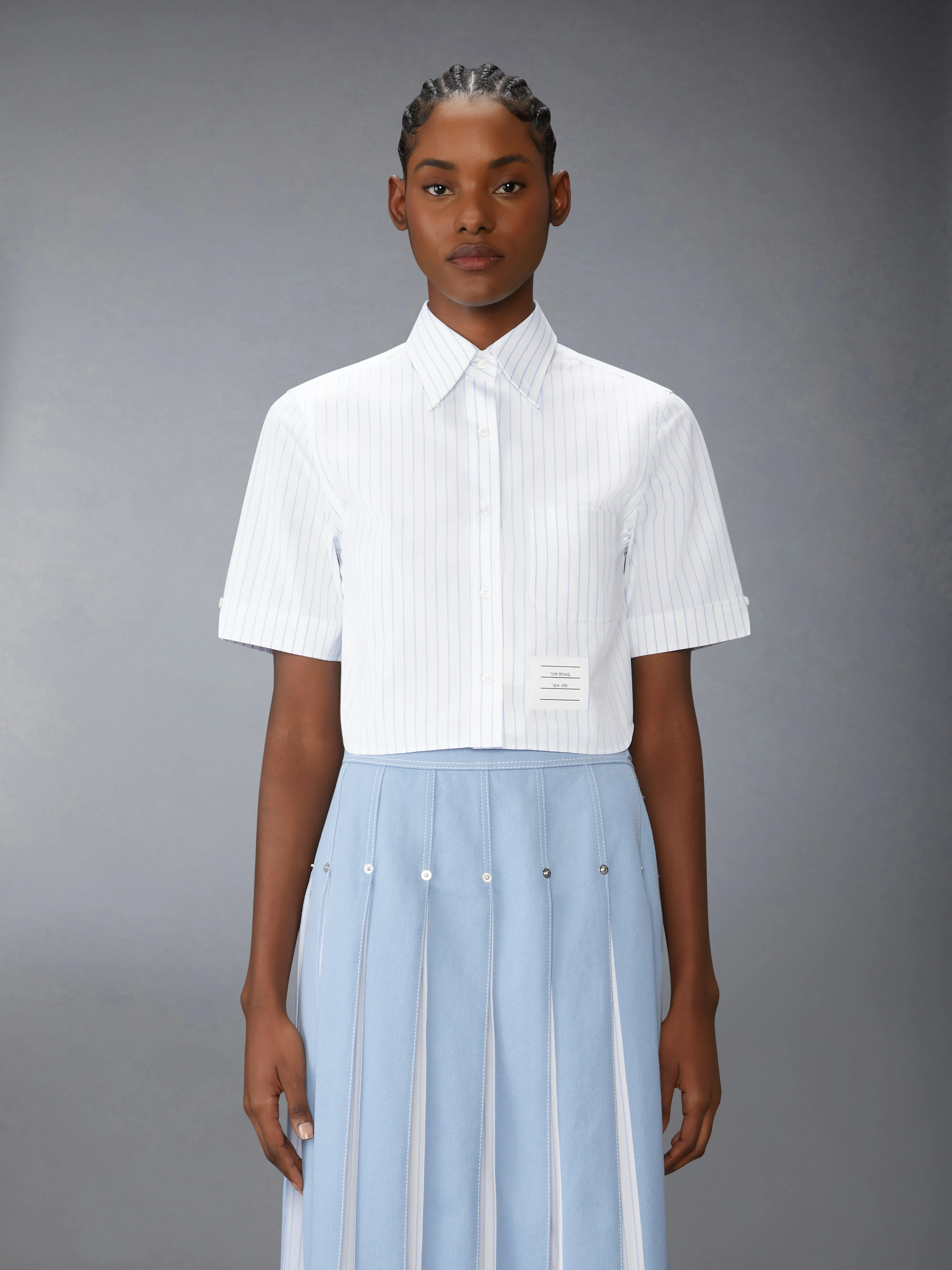 POPLIN PINSTRIPE CROPPED SHORT SLEEVE SHIRT sold by Thom Browne