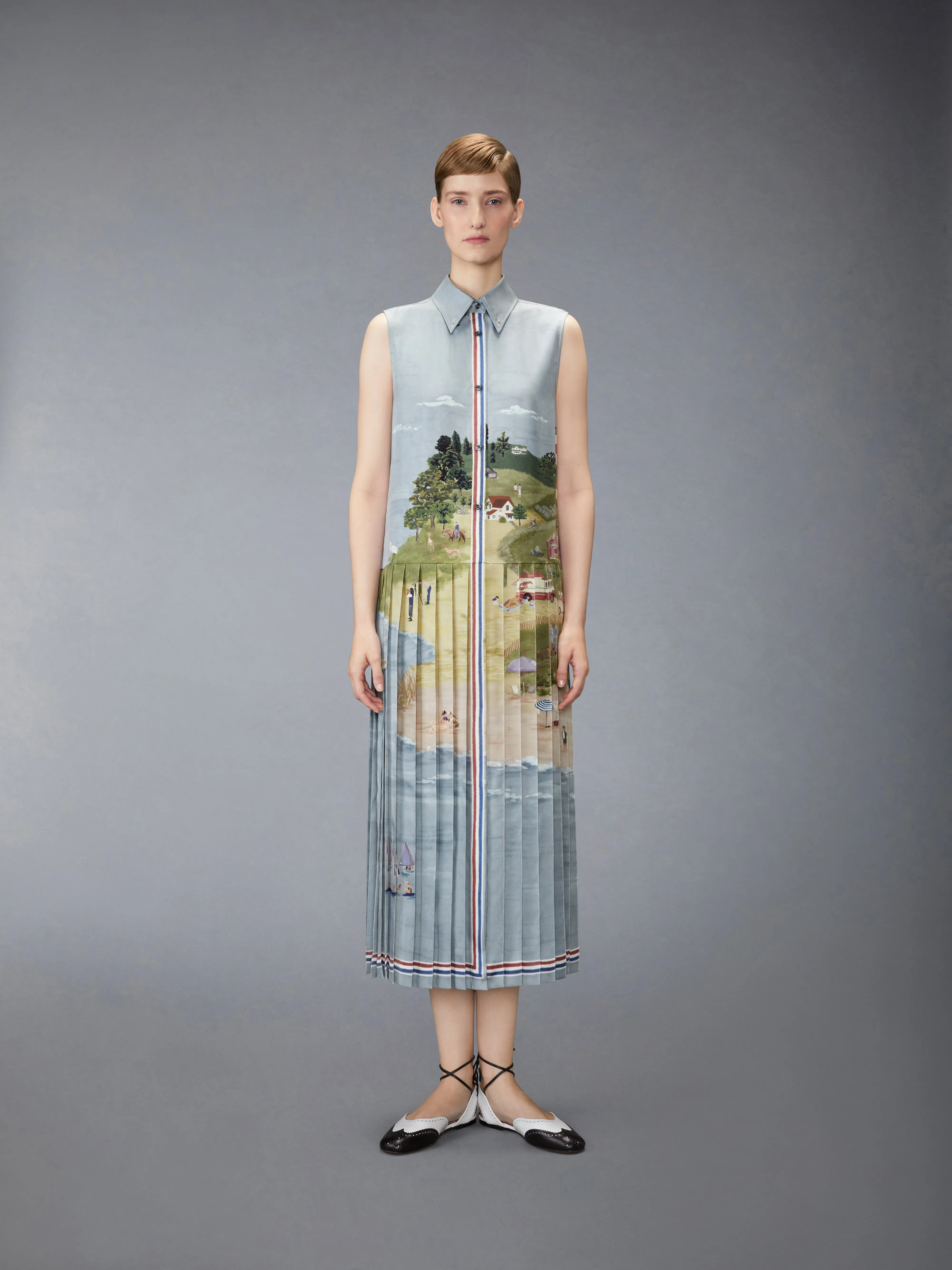 SILK TWILL NANTUCKET SCENIC SHIRT DRESS sold by Thom Browne