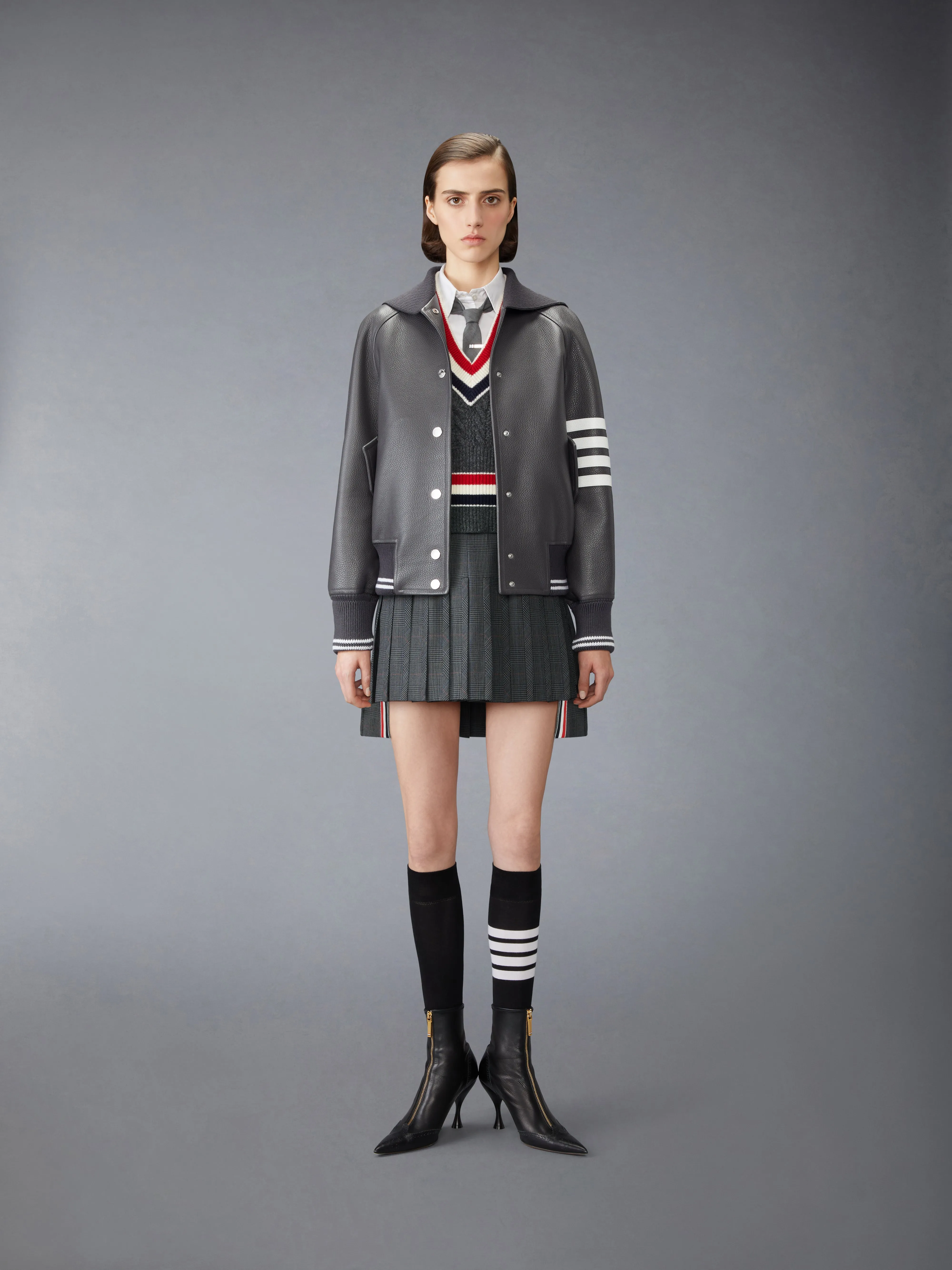 LEATHER 4-BAR OVERSIZED BLOUSON JACKET sold by Thom Browne product image thumbnail 3