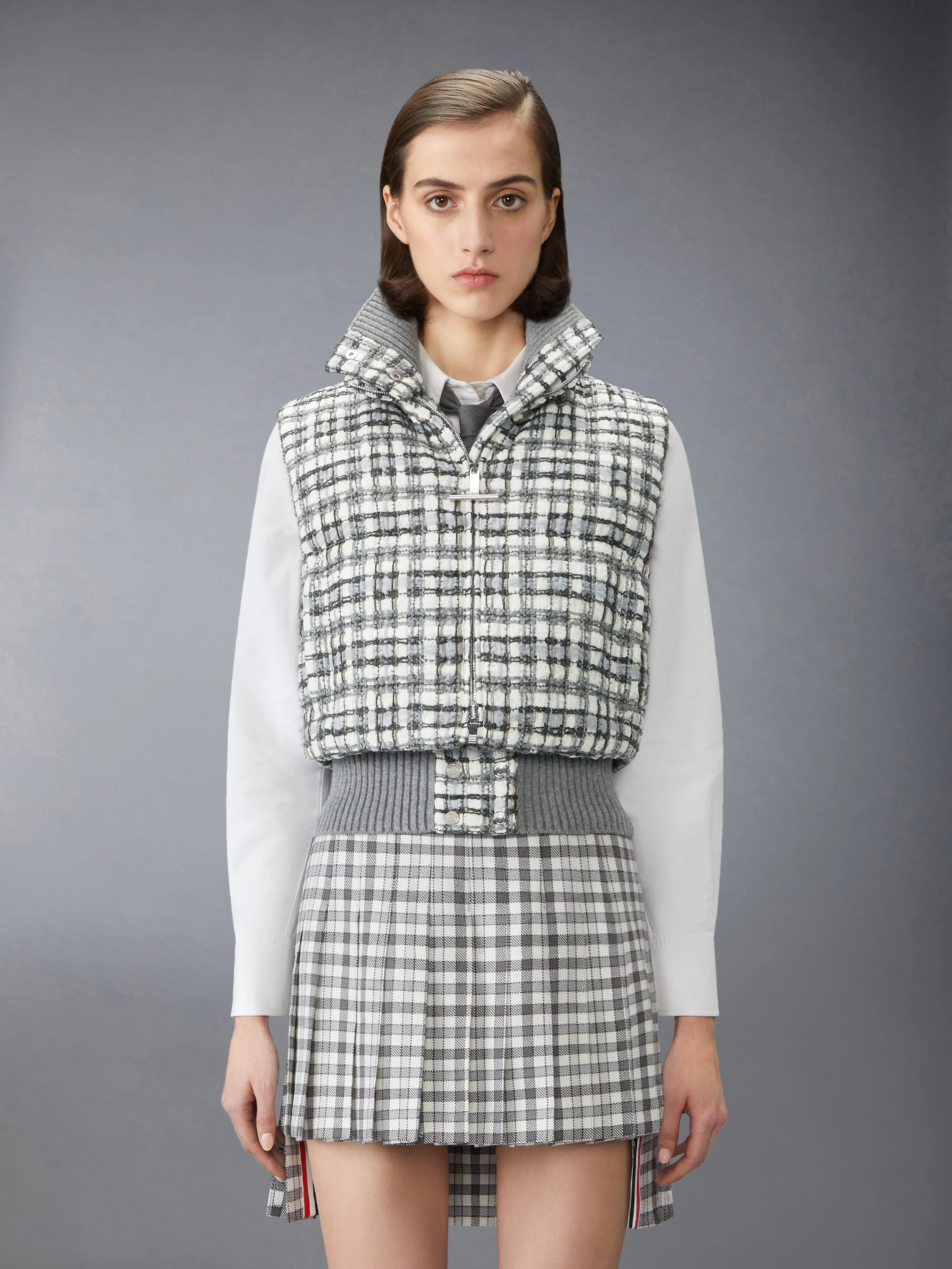 SHEER ORGANZA RIBBON TWEED CROPPED DOWN FILLED VEST sold by Thom Browne