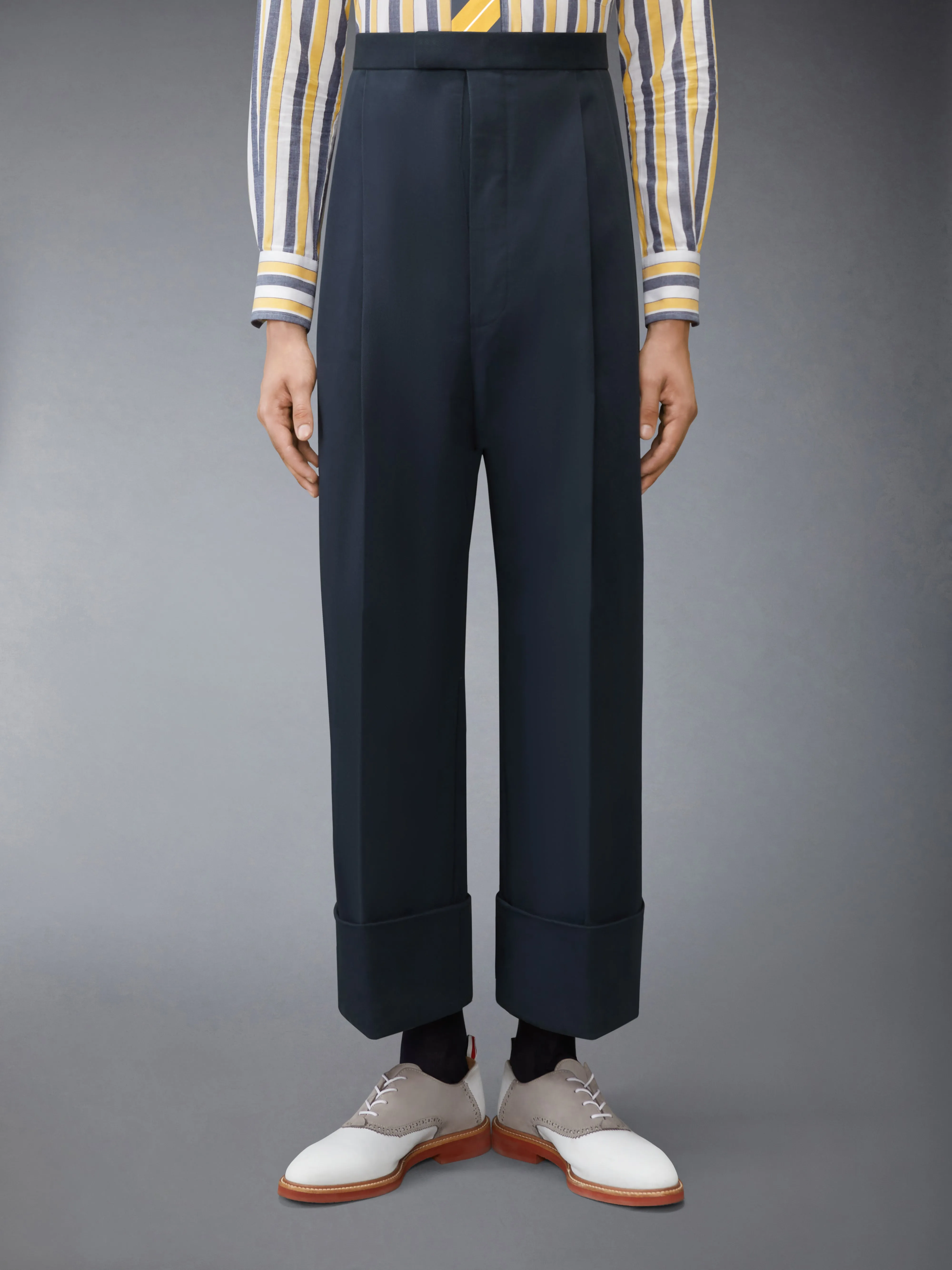 COTTON GABARDINE DOUBLE PLEAT TROUSERS sold by Thom Browne