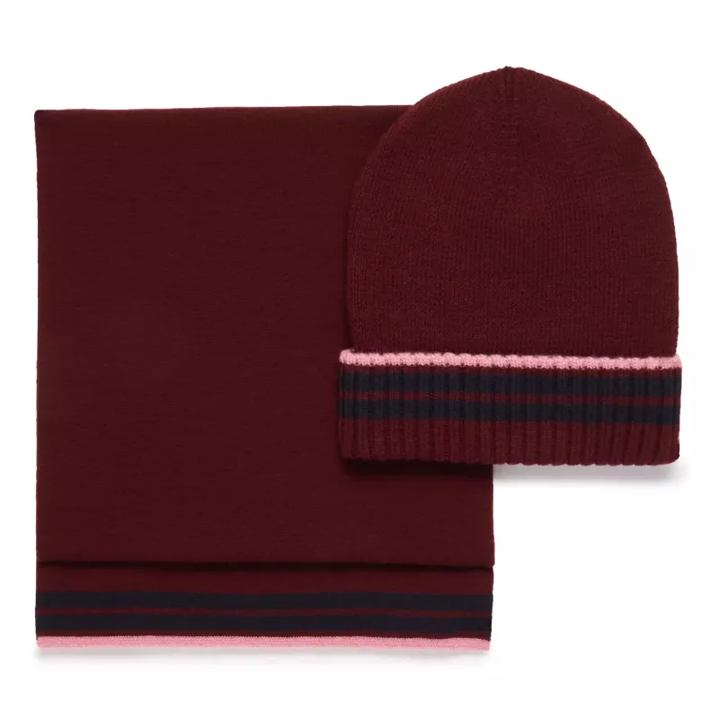 Burgundy Red Knitted Merino Wool Hat & Scarf Set sold by Thomas Pink