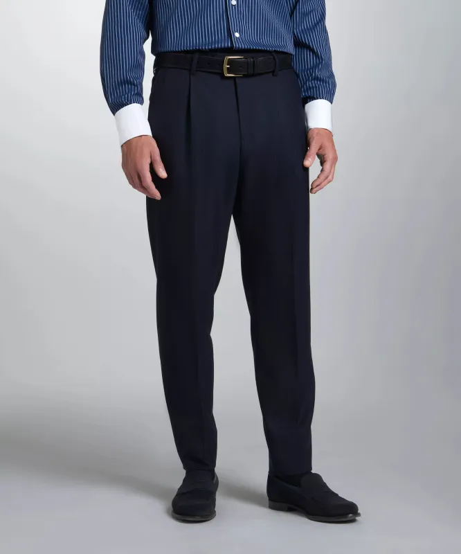 Navy Tailored Fit Wool Chalk Stripe Pleated Trouser sold by Thomas Pink