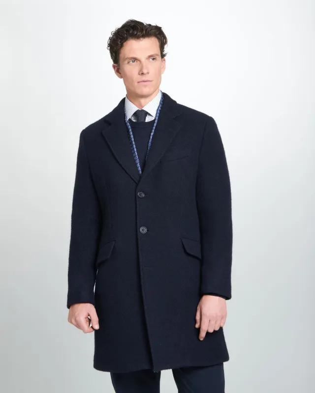Navy Blue British Wool Herringbone Notch Lapel Overcoat sold by Thomas Pink