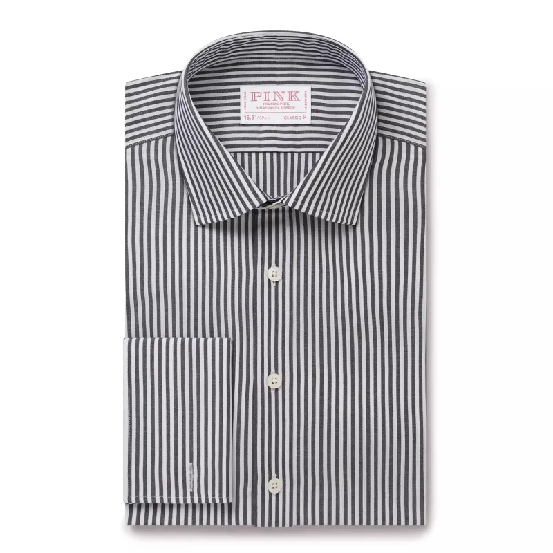 Charcoal Grey & White Classic Fit French Cuff Panama Stripe Formal Shirt sold by Thomas Pink