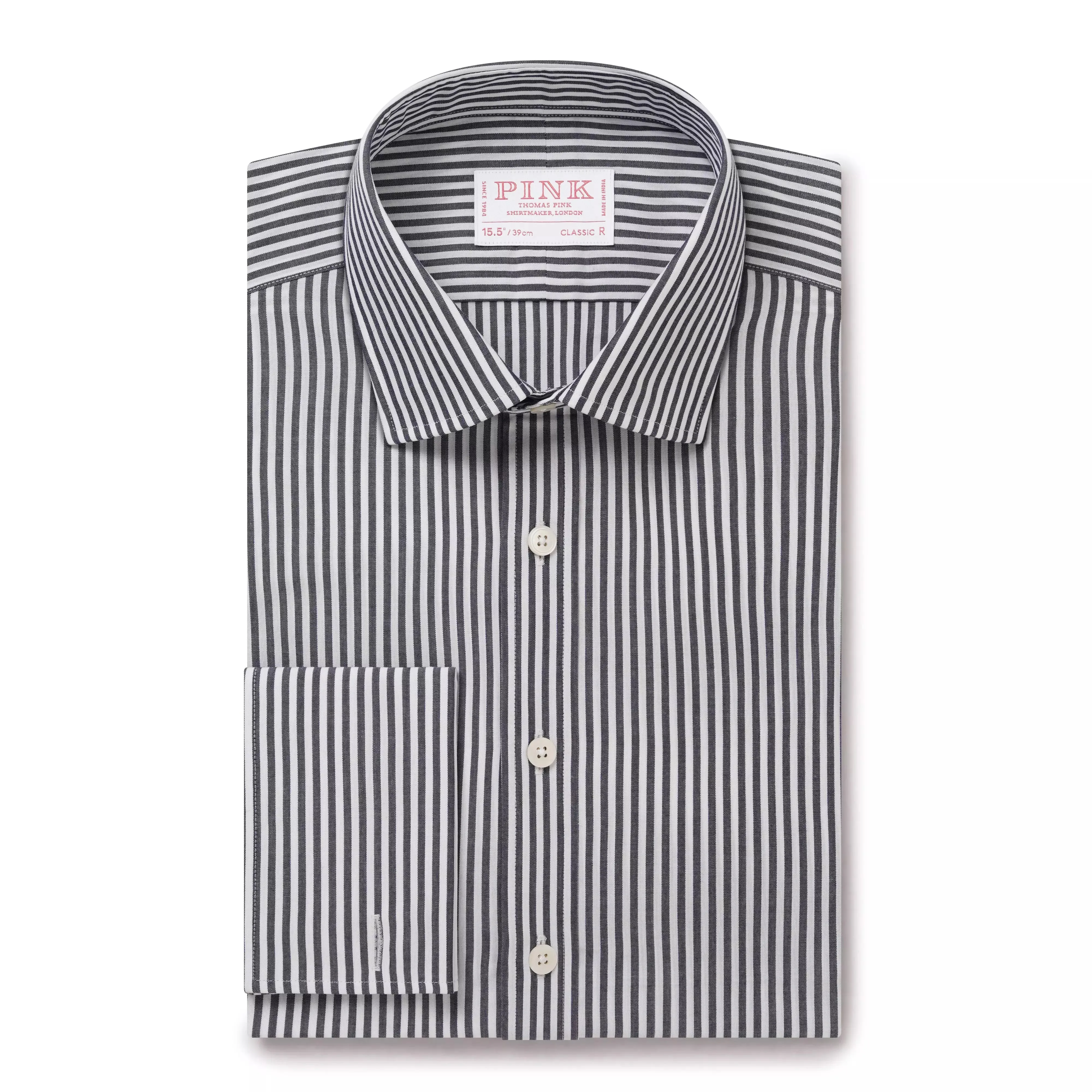 Charcoal Grey & White Classic Fit French Cuff Panama Stripe Formal Shirt sold by Thomas Pink
