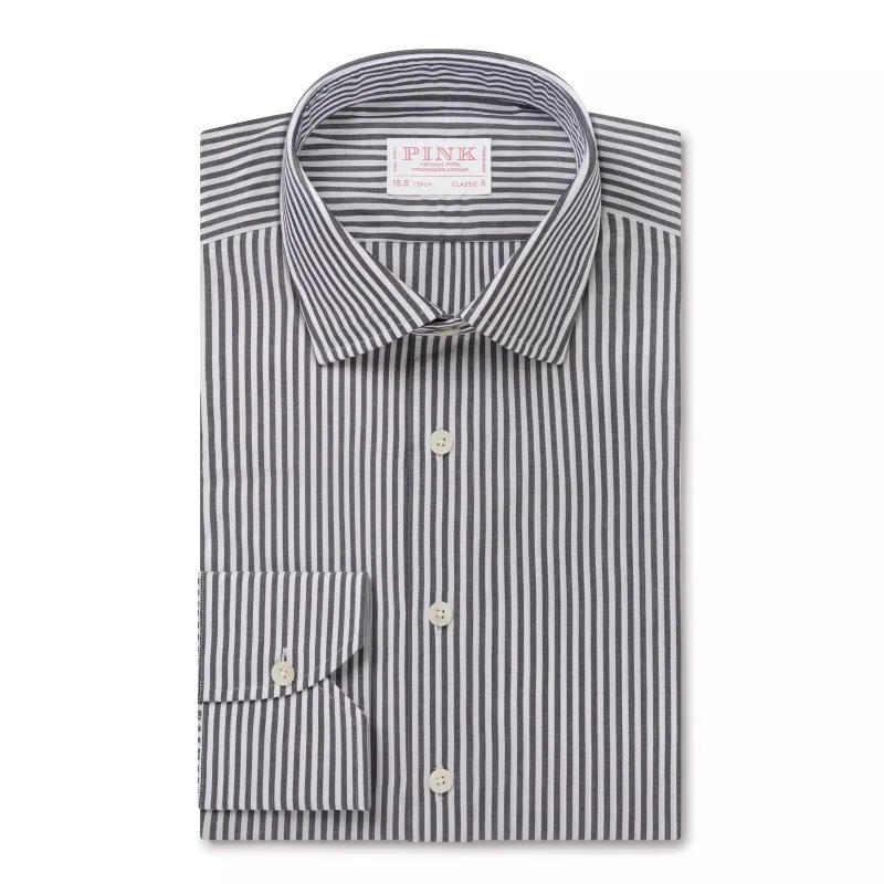 Charcoal Grey & White Classic Fit Panama Stripe Dress Shirt sold by Thomas Pink