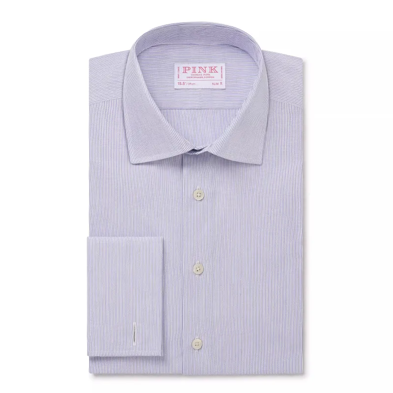 Deep Blue & White Slim Fit French Cuff Pin Stripe Dress Shirt sold by Thomas Pink