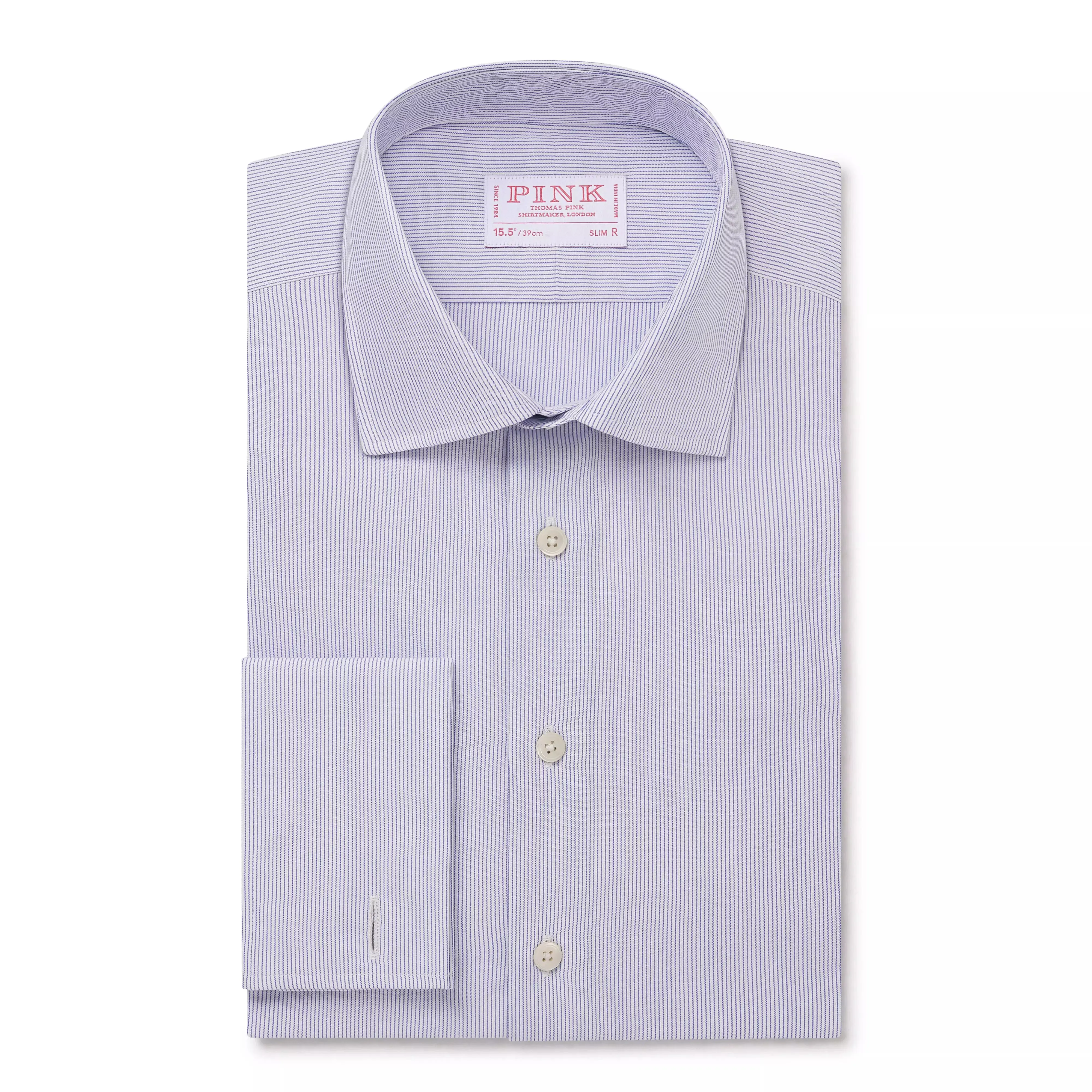 Deep Blue & White Slim Fit French Cuff Pin Stripe Dress Shirt sold by Thomas Pink