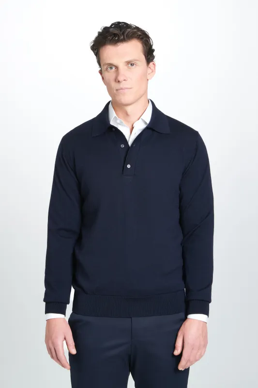 Navy Merino Wool Long Sleeve Polo Shirt sold by Thomas Pink
