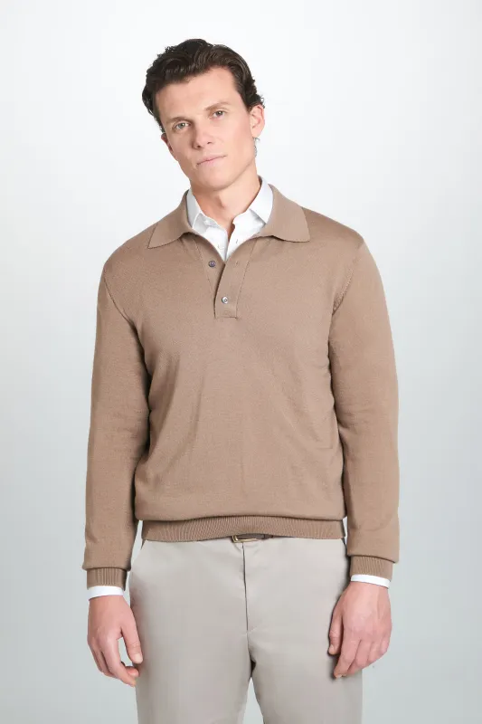 Camel Merino Wool Long Sleeve Polo Shirt sold by Thomas Pink