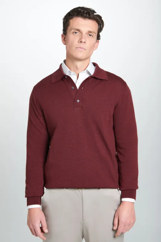 Burgundy Merino Wool Long Sleeve Polo Shirt sold by Thomas Pink