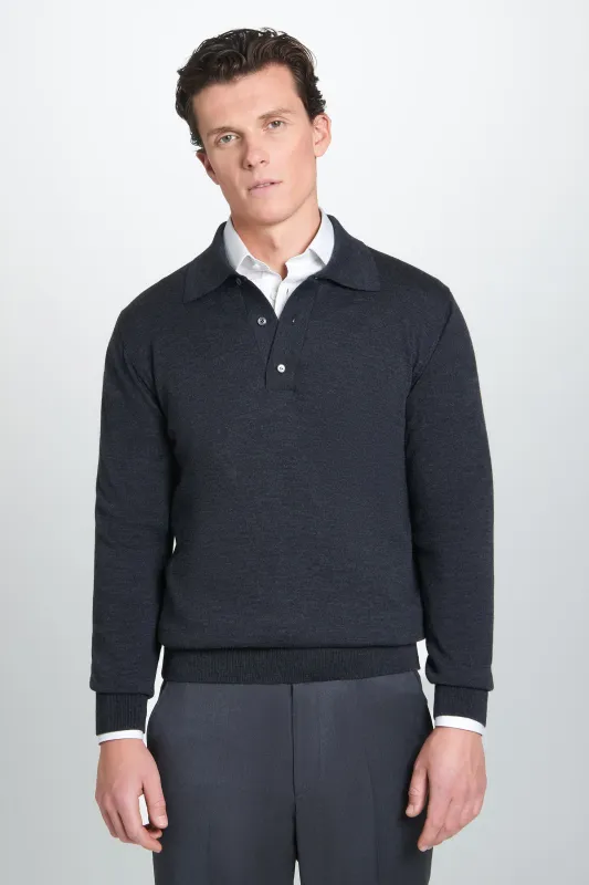 Grey Merino Wool Long Sleeve Polo Shirt sold by Thomas Pink