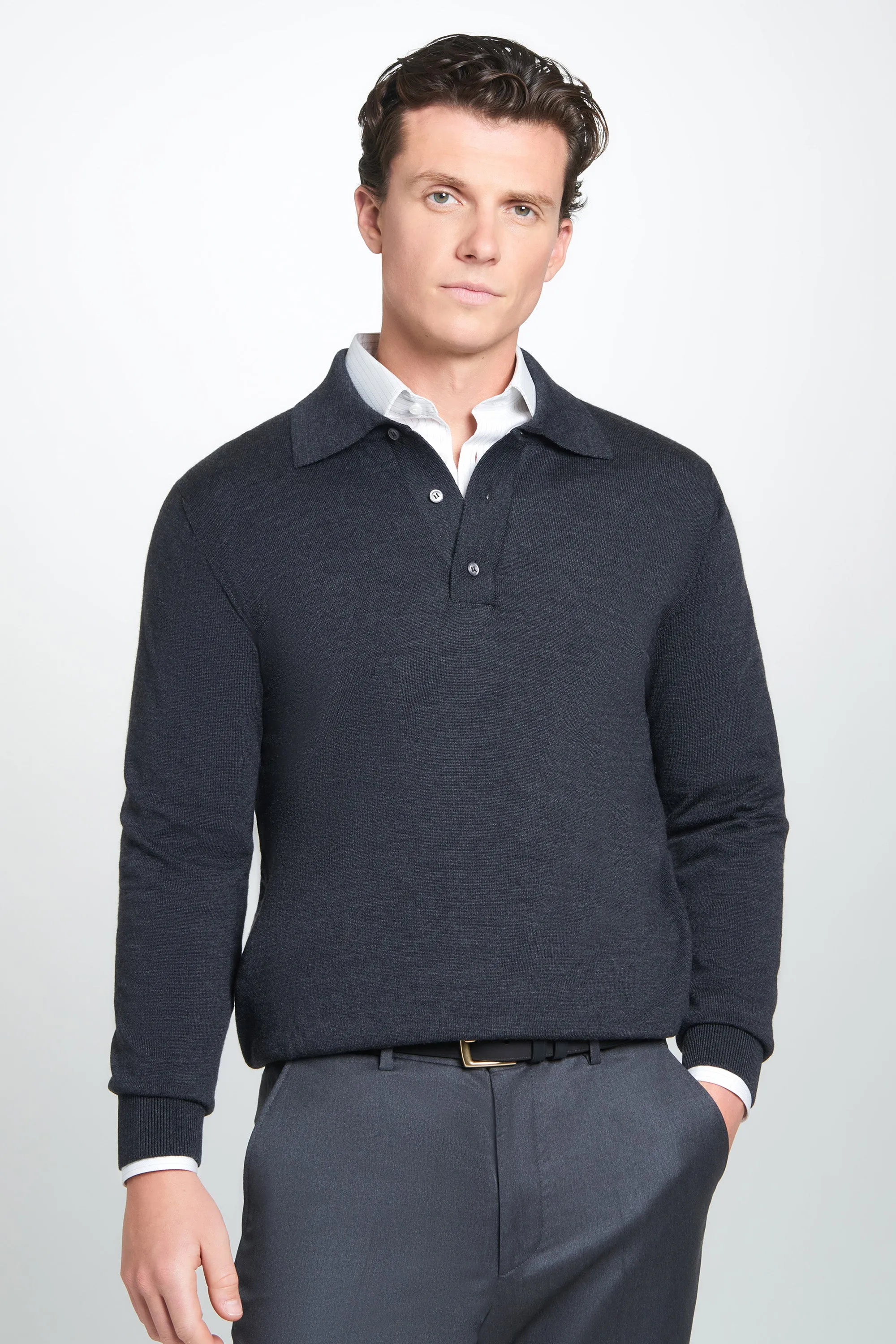 Grey Merino Wool Long Sleeve Polo Shirt sold by Thomas Pink product image thumbnail 5