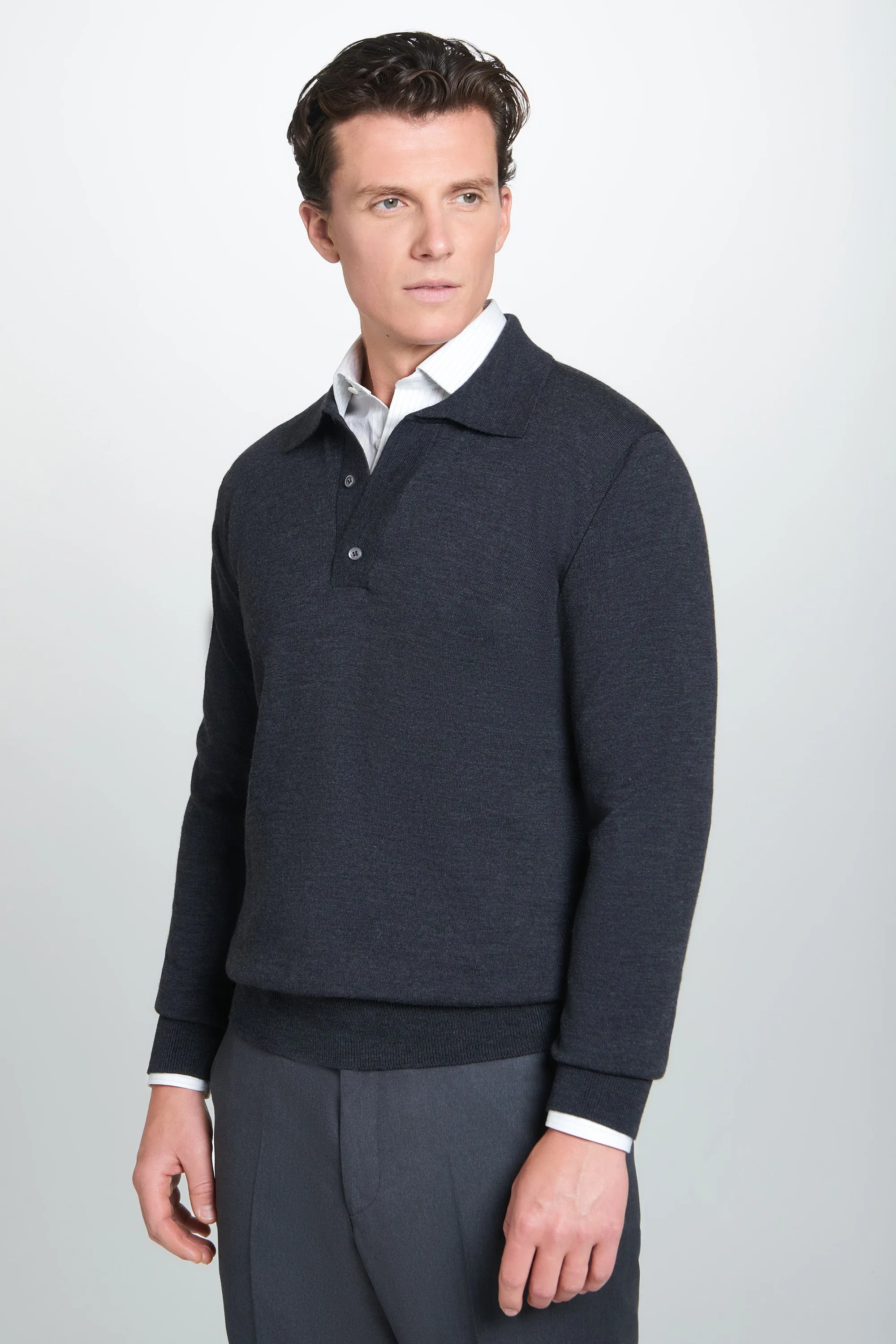 Grey Merino Wool Long Sleeve Polo Shirt sold by Thomas Pink product image thumbnail 3