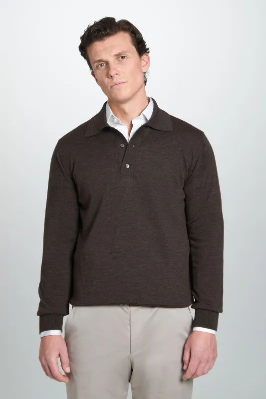 Chocolate Merino Wool Long Sleeve Polo Shirt sold by Thomas Pink