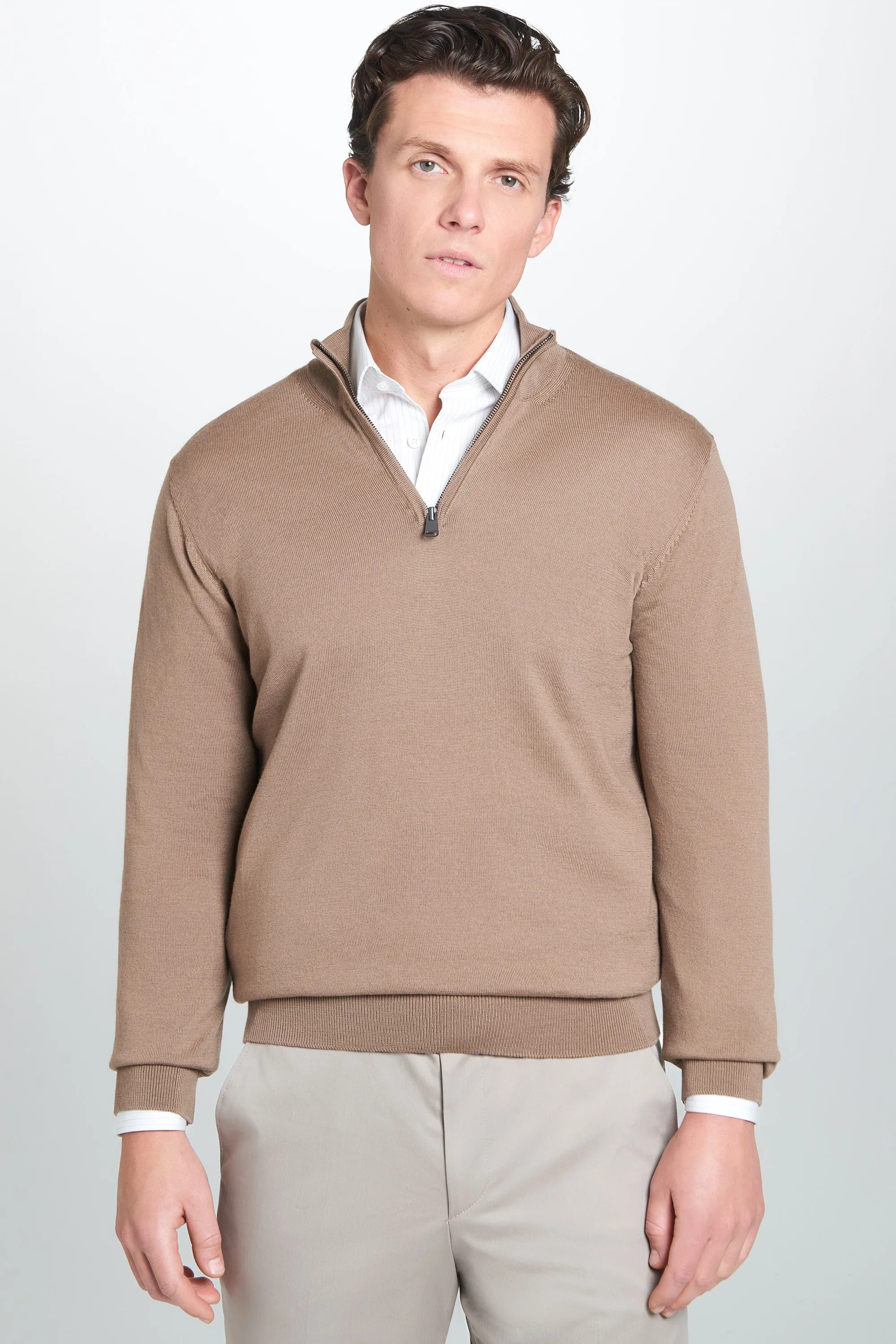 Camel Merino Wool Zip Neck Sweater sold by Thomas Pink