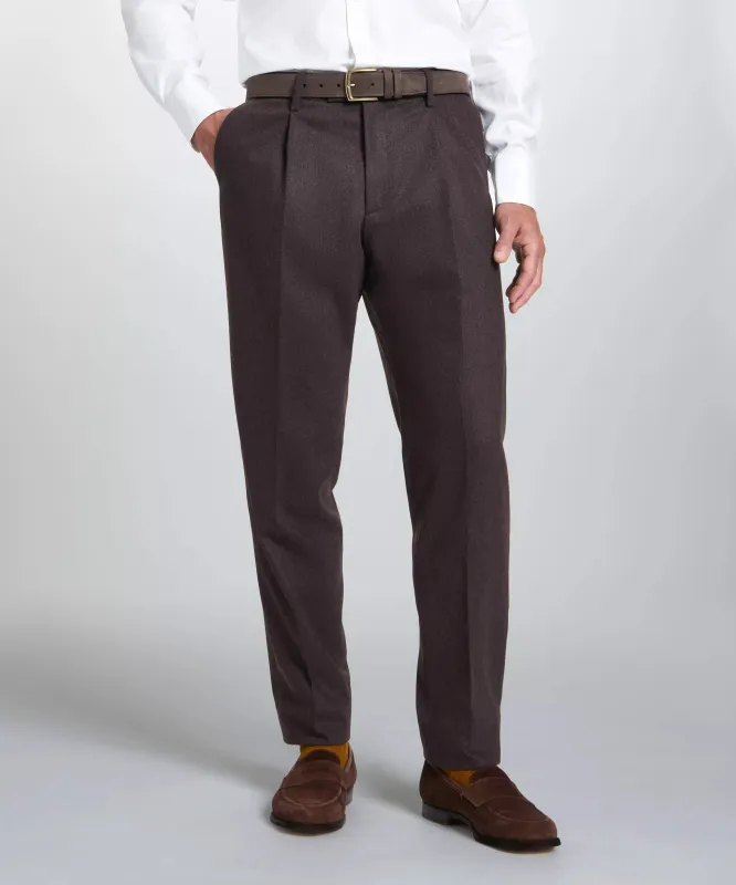 Brown Tailored Fit Twill Flannel Stretch Pleated Trouser sold by Thomas Pink