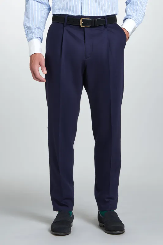 Navy Tailored Fit Twill Flannel Stretch Pleated Trouser sold by Thomas Pink