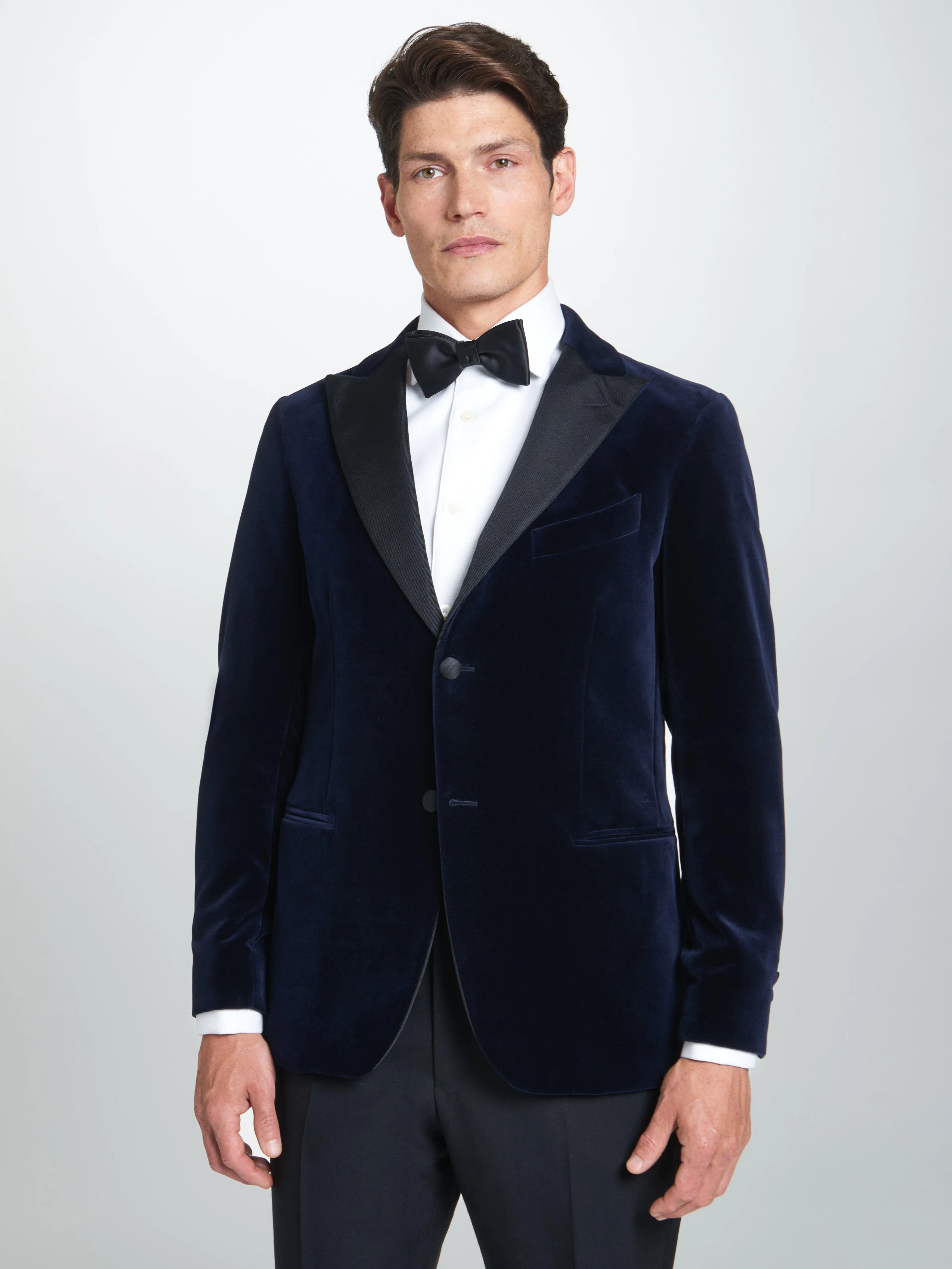 Navy Tailored Fit Velvet Peak Lapel Evening Jacket sold by Thomas Pink