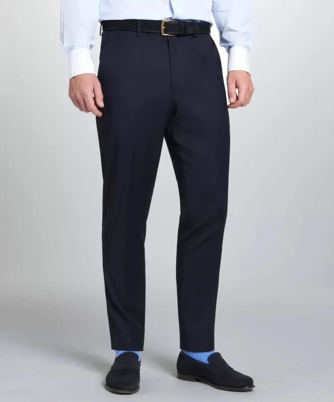 Navy Unfinished Tailored Fit Plain Merino Wool Flat Front Pants sold by Thomas Pink